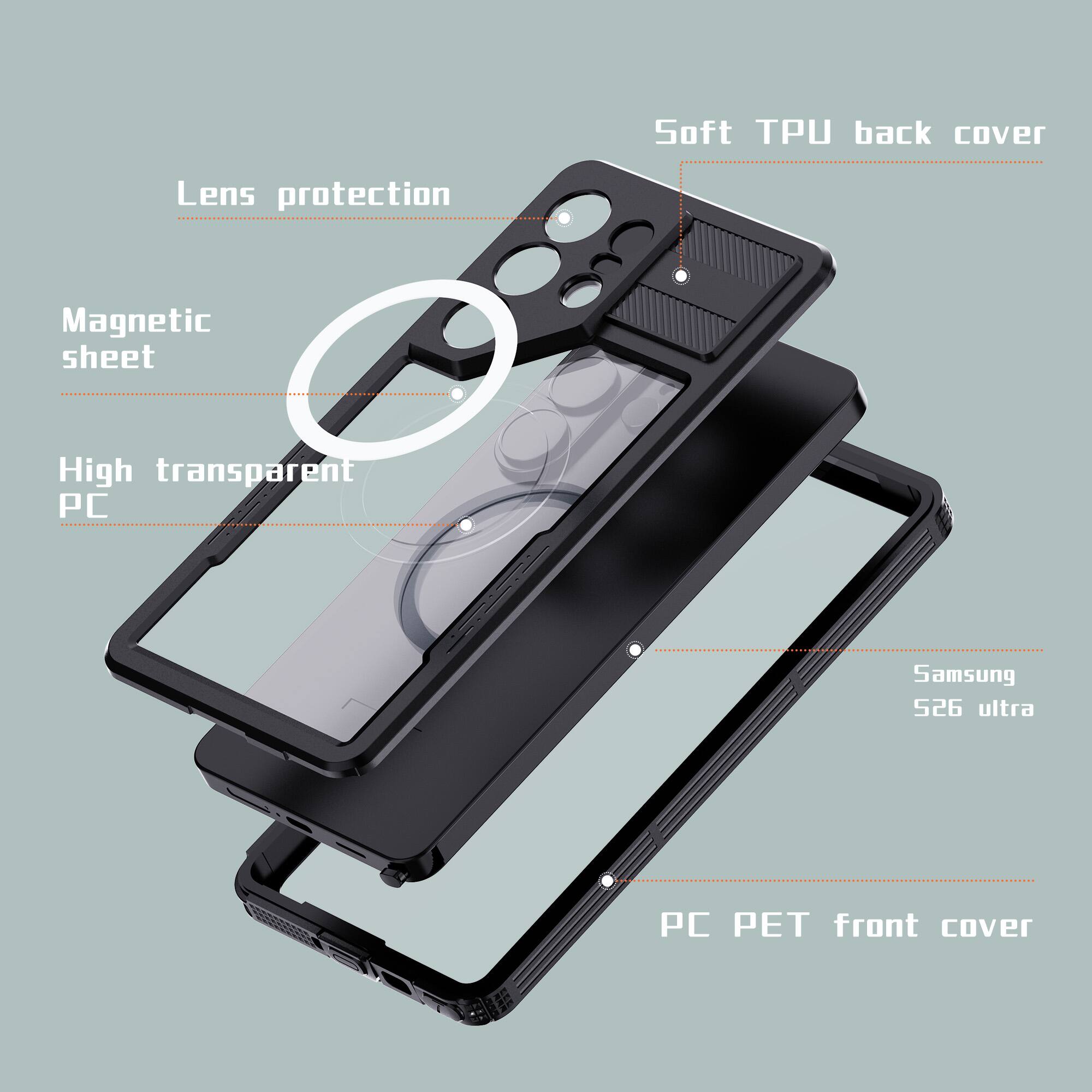 Soft TPU back cover  
Lens protection  
Magnetic sheet  
High transparent PC  
Samsung S26 ultra  
PC PET front cover