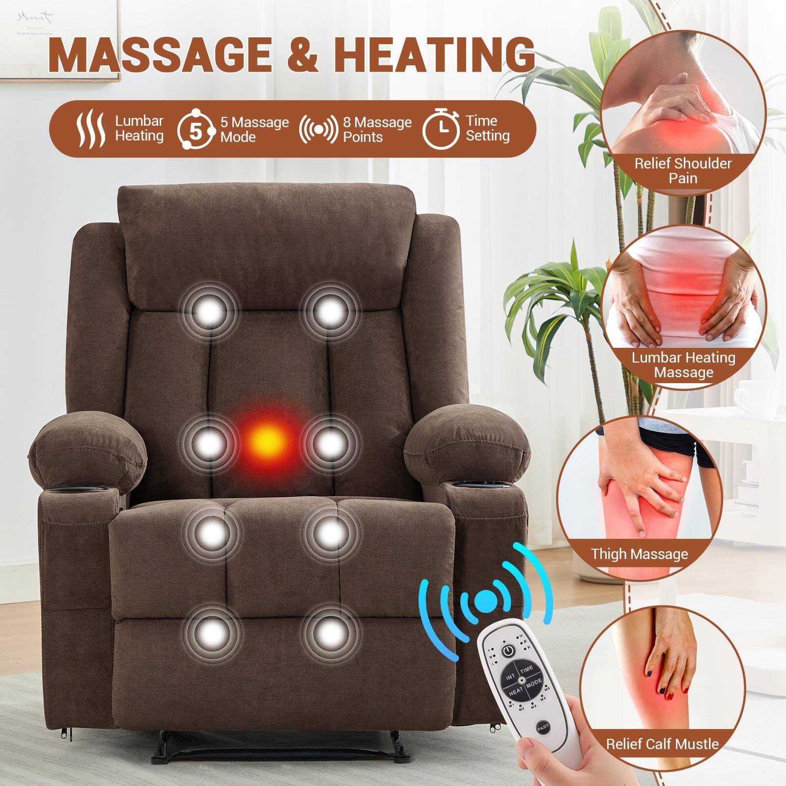 **MASSAGE & HEATING**

- Lumbar Heating
- 5 Massage Mode
- 8 Massage Points
- Time Setting

**Relief:**
- Shoulder Pain
- Lumbar Heating Massage
- Thigh Massage
- Relief Calf Muscle