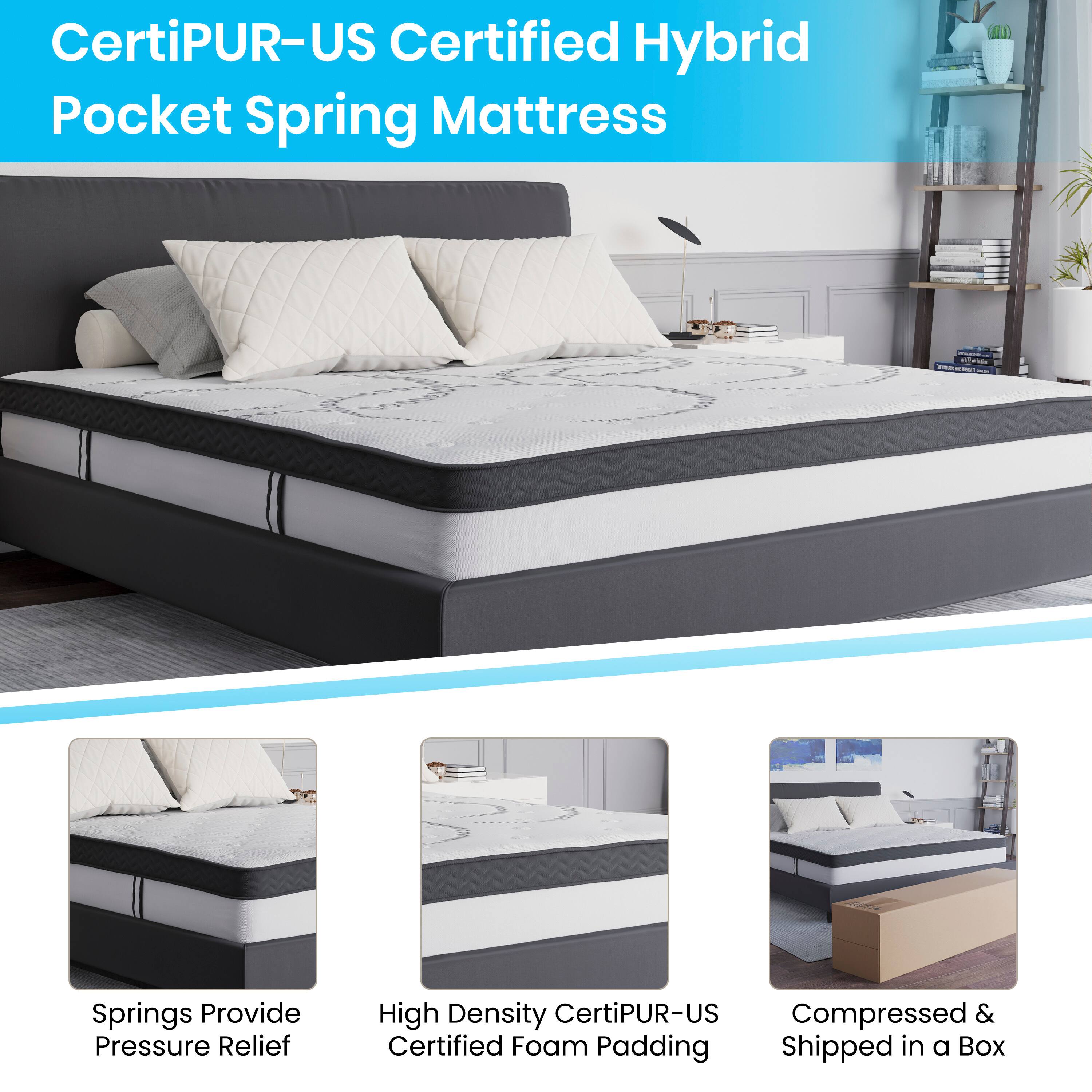 CertiPUR-US Certified Hybrid Pocket Spring Mattress

- Springs Provide Pressure Relief
- High Density CertiPUR-US Compressed & Certified Foam Padding
- Shipped in a Box