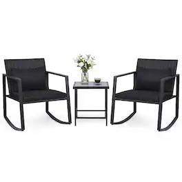 Costway - 3-Piece Outdoor Rattan Rocking Chair Set with Cushions and Tempered Glass Table, Metal Frame - Black,Beige