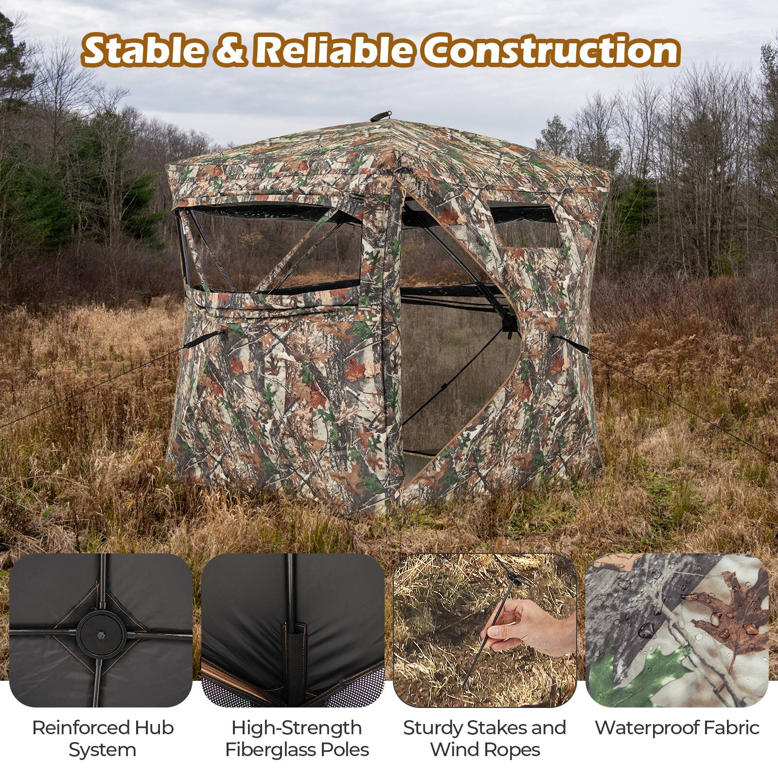 Stable & Reliable Construction

- Reinforced Hub System
- High-Strength Fiberglass Poles
- Sturdy Stakes and Wind Ropes
- Waterproof Fabric