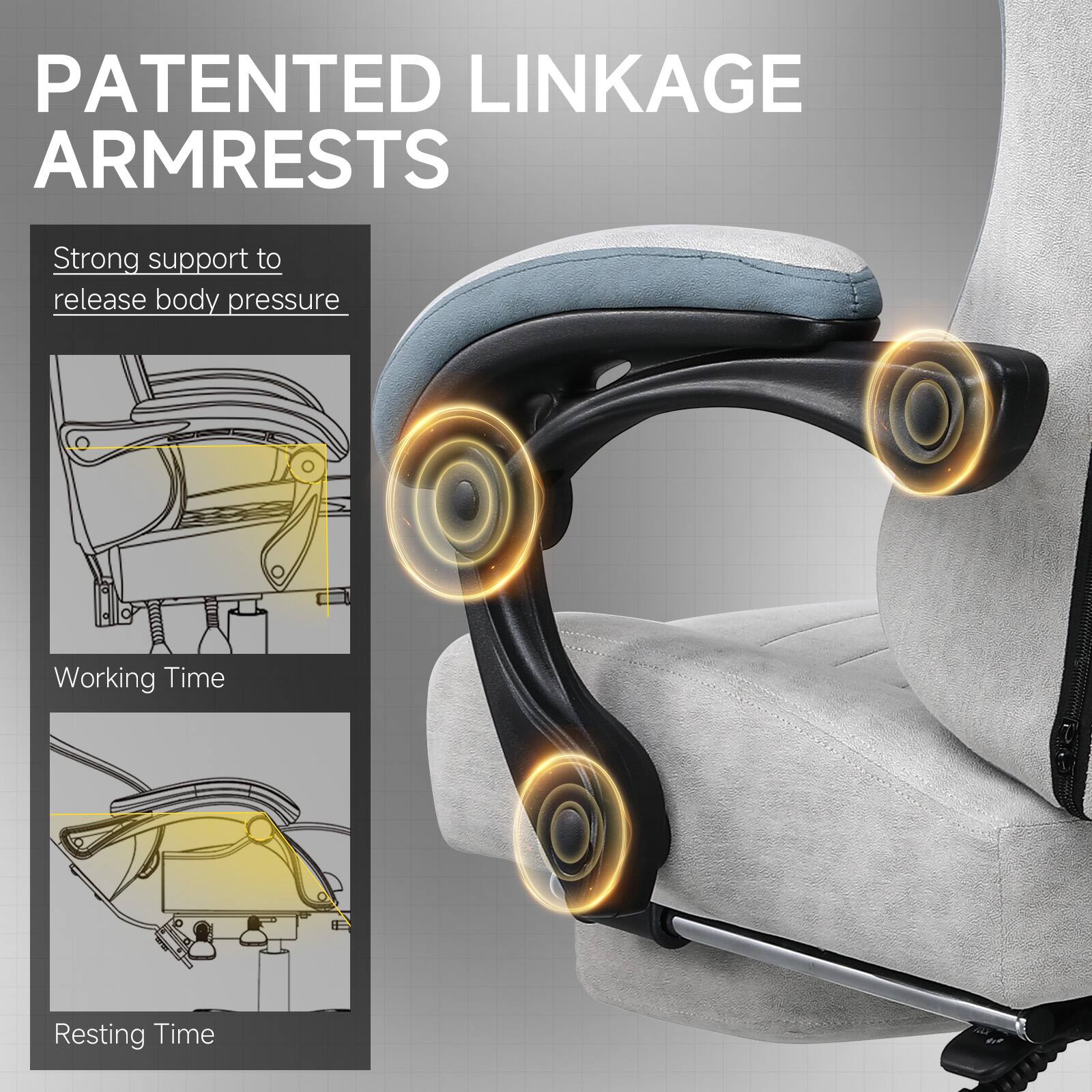PATENTED LINKAGE ARMRESTS

Strong support to release body pressure

Working Time

Resting Time