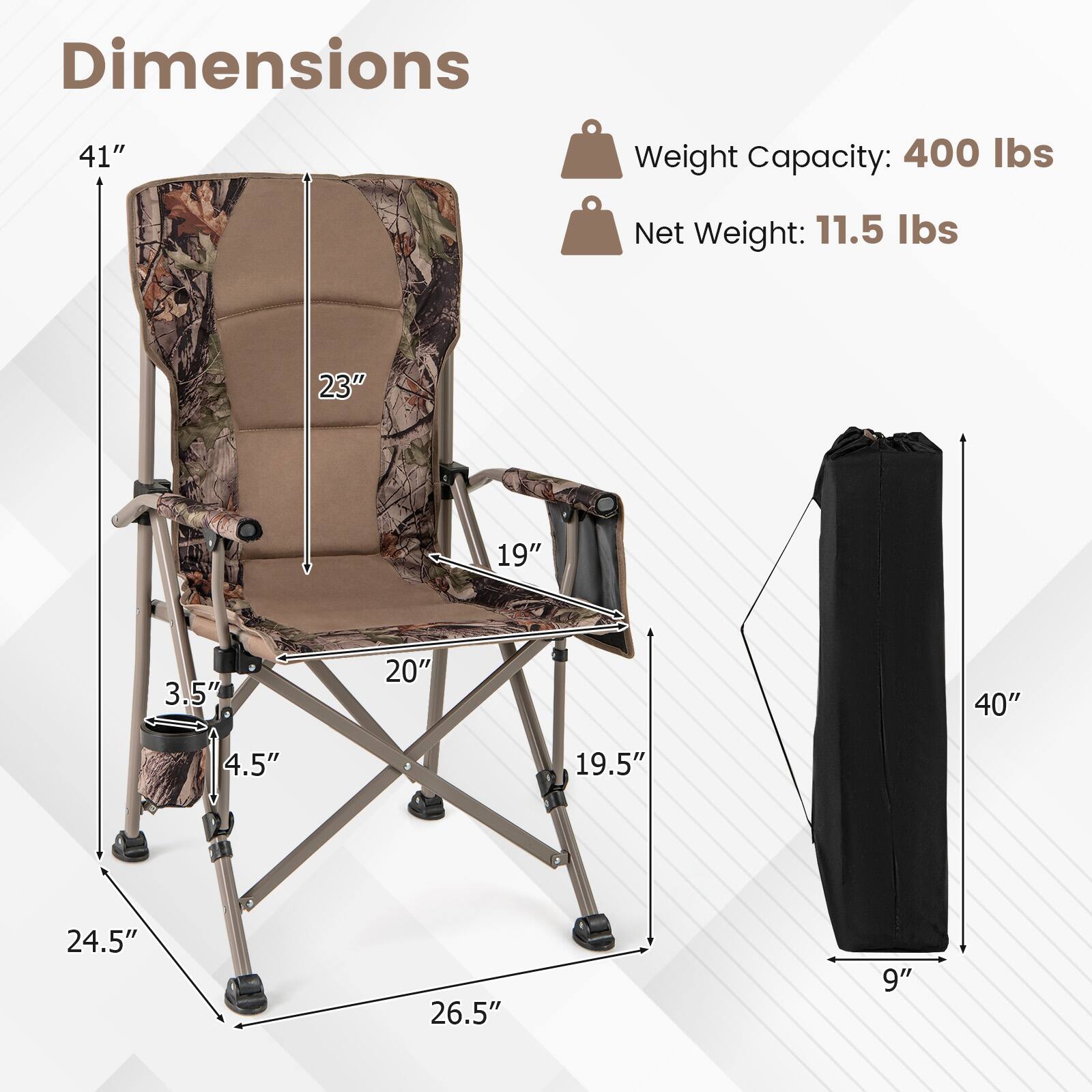 Dimensions:  
- Height: 41"  
- Seat Width: 23"  
- Seat Depth: 19"  
- Armrest Height: 3.5"  
- Seat Height: 4.5"  
- Width: 20"  
- Depth: 19.5"  
- Width: 24.5"  
- Depth: 26.5"  

Weight Capacity: 400 lbs  
Net Weight: 11.5 lbs  

Folded Dimensions:  
- Height: 40"  
- Width: 9"