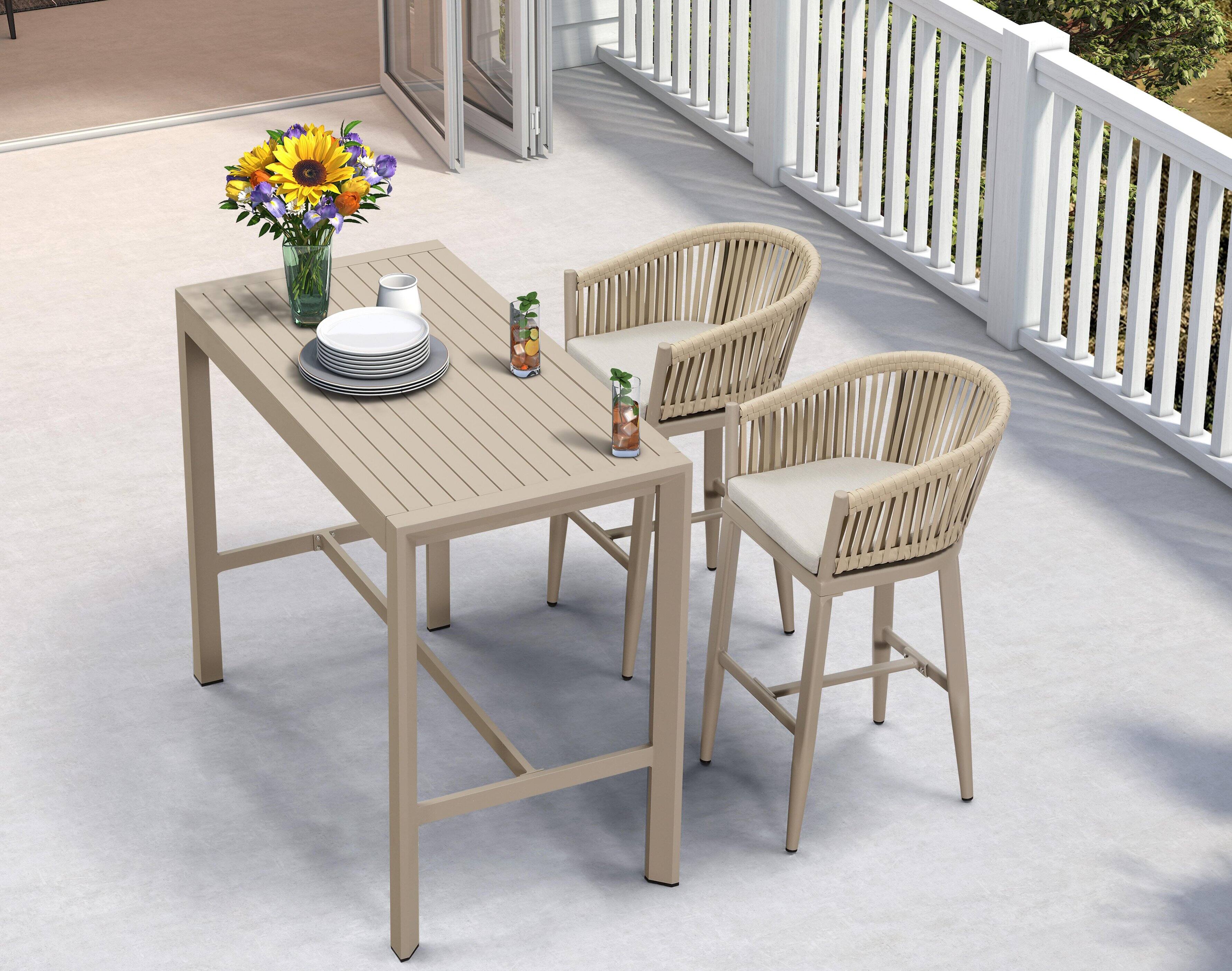Alt View 1. PURPLE LEAF - Outdoor Counter/Bar Height Stools Set of 2 Rattan Wicker Bar Chairs Woven Aluminum Barstools with Back and Cushions - Champagne-Bar Stool.