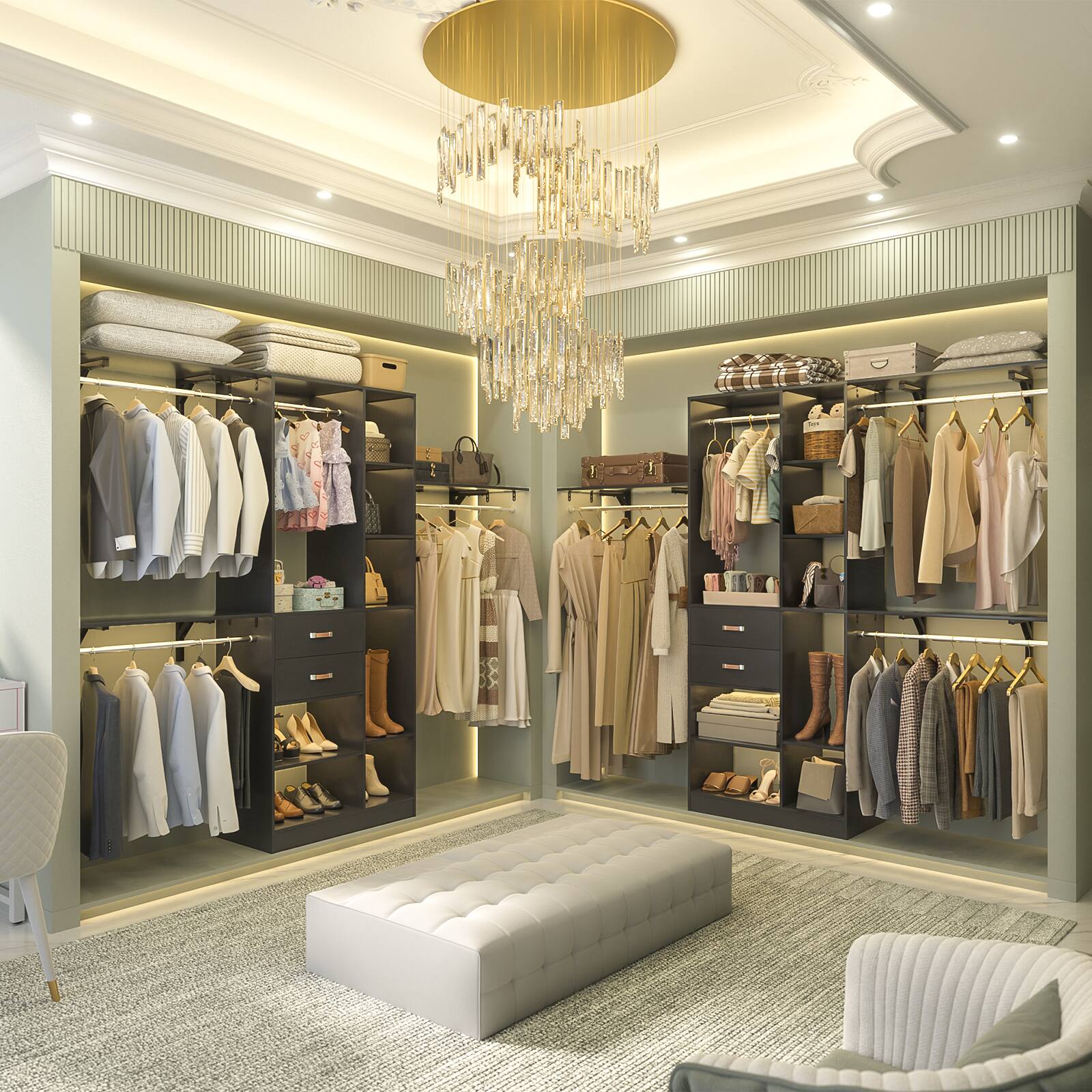 Alt View 3. Aheaplus - Upgraded 96'' Closet System with 13 Storage Shelves, 8FT Open Wardrobe System with 2 Wooden Drawers & 4 Hanging Rods - Black.