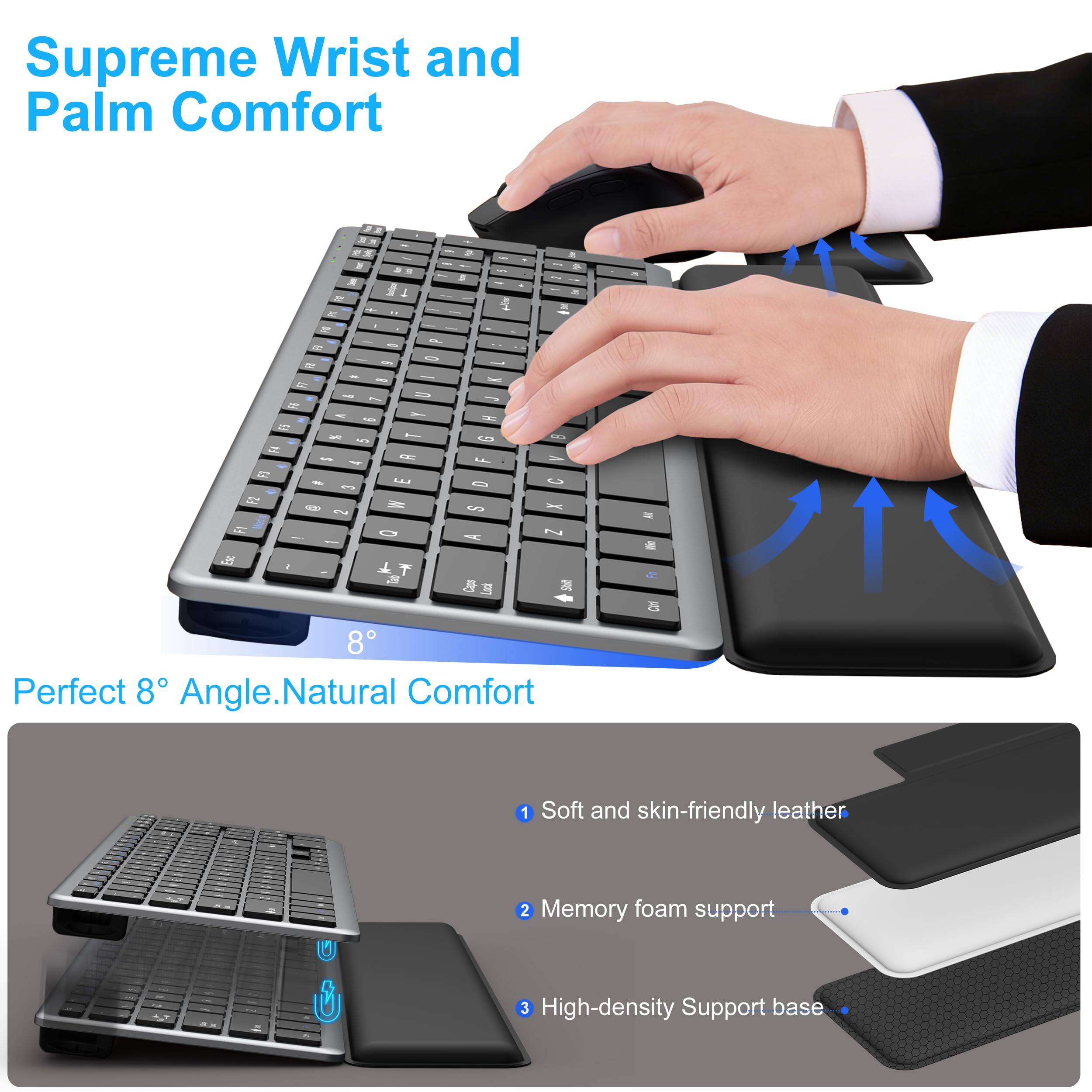 Supreme Wrist and Palm Comfort

- Perfect 8° Angle. Natural Comfort

1. Soft and skin-friendly leather
2. Memory foam support
3. High-density Support base