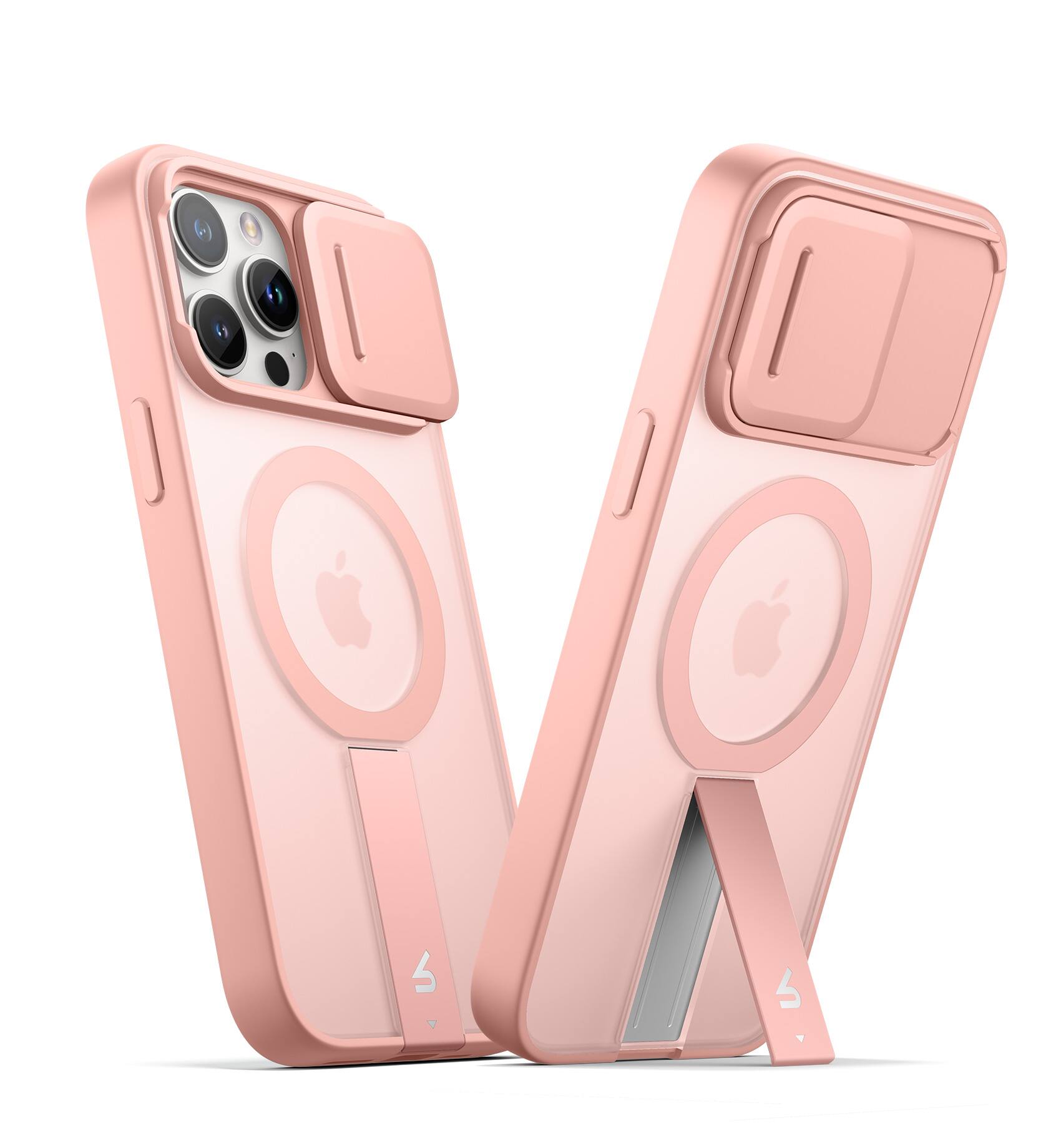 Angle. SURITCH - Rugged Case for iPhone 14 Pro Max, Compatible with MagSafe, Built-in Kickstand & Camera Cover & Translucent Back - Dawn Pink.