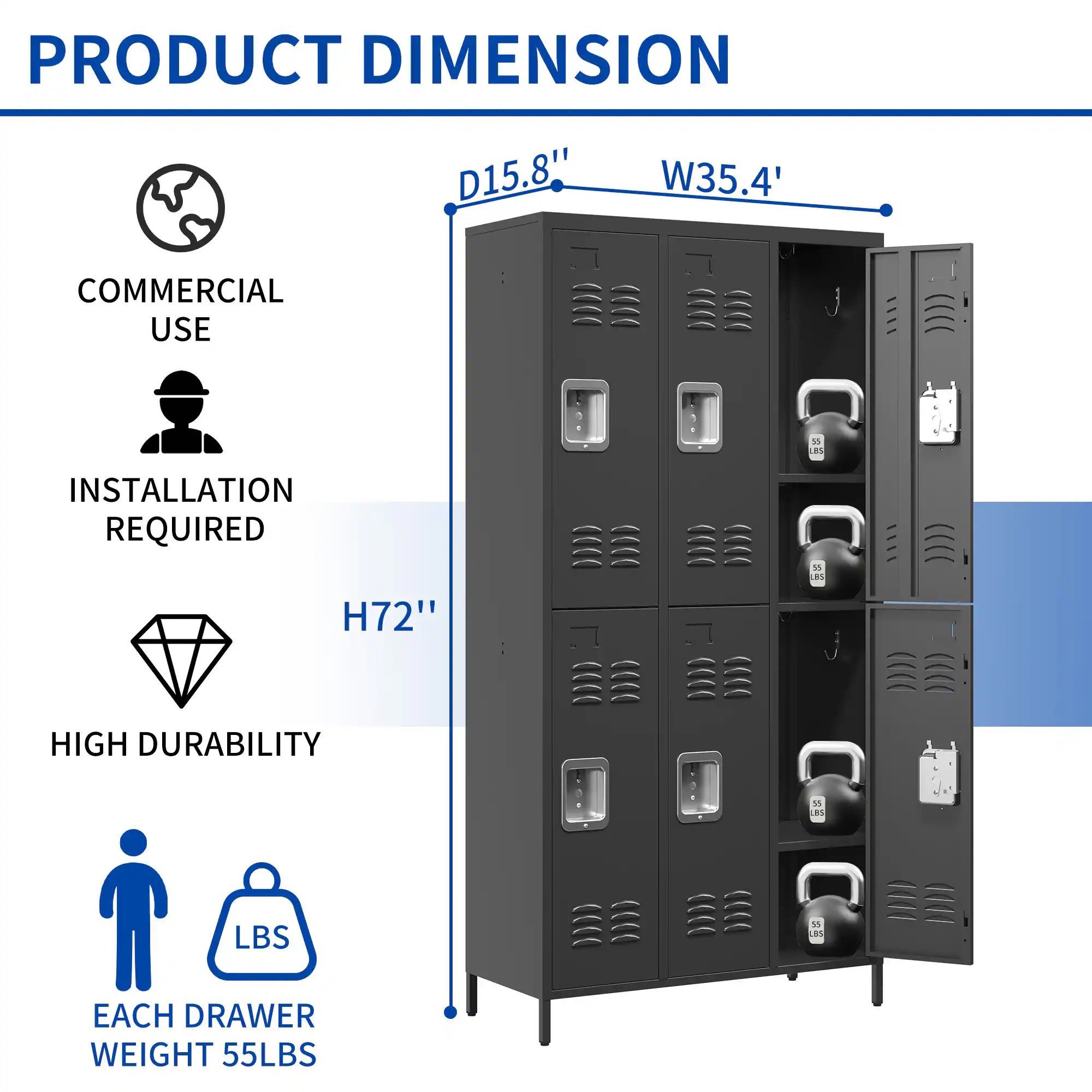 PRODUCT DIMENSION  
D15.8" W35.4" H72"  

COMMERCIAL USE  
INSTALLATION REQUIRED  
HIGH DURABILITY  

EACH DRAWER WEIGHT 55LBS