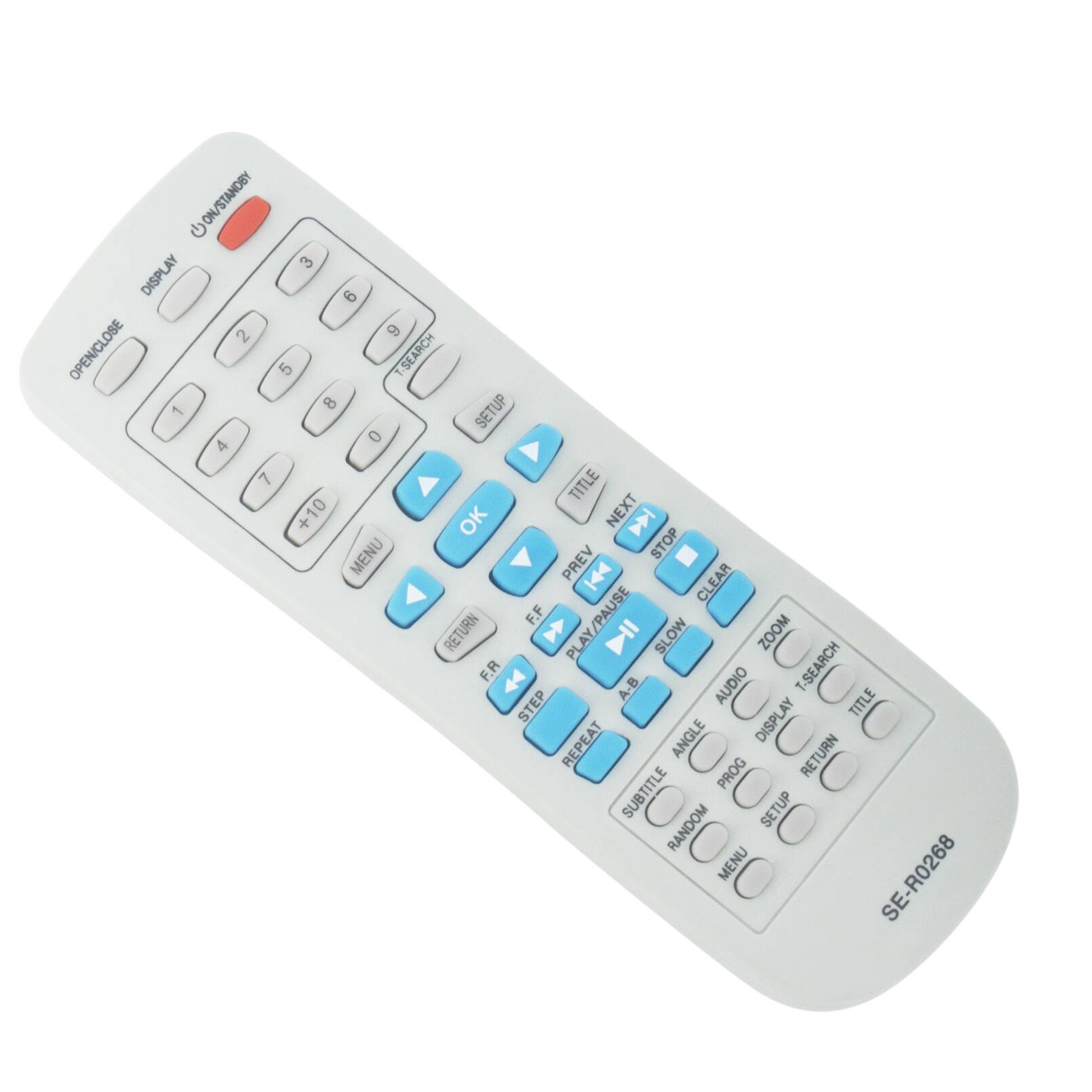 ON/STANDBY  
DISPLAY  
OPEN/CLOSE  
SEARCH  
SETUP  
TITLE  
MENU  
STOP  
PREV  
CLEAR  
F.F  
PLAY/PAUSE  
RETURN  
SLOW  
ZOOM  
F.R  
A-B  
AUDIO  
T-SEARCH  
STEP  
TITLE  
REPEAT  
ANGLE  
DISPLAY  
PROG  
RETURN  
SUBTITLE  
SETUP  
RANDOM  
MENU  

SE-R0268