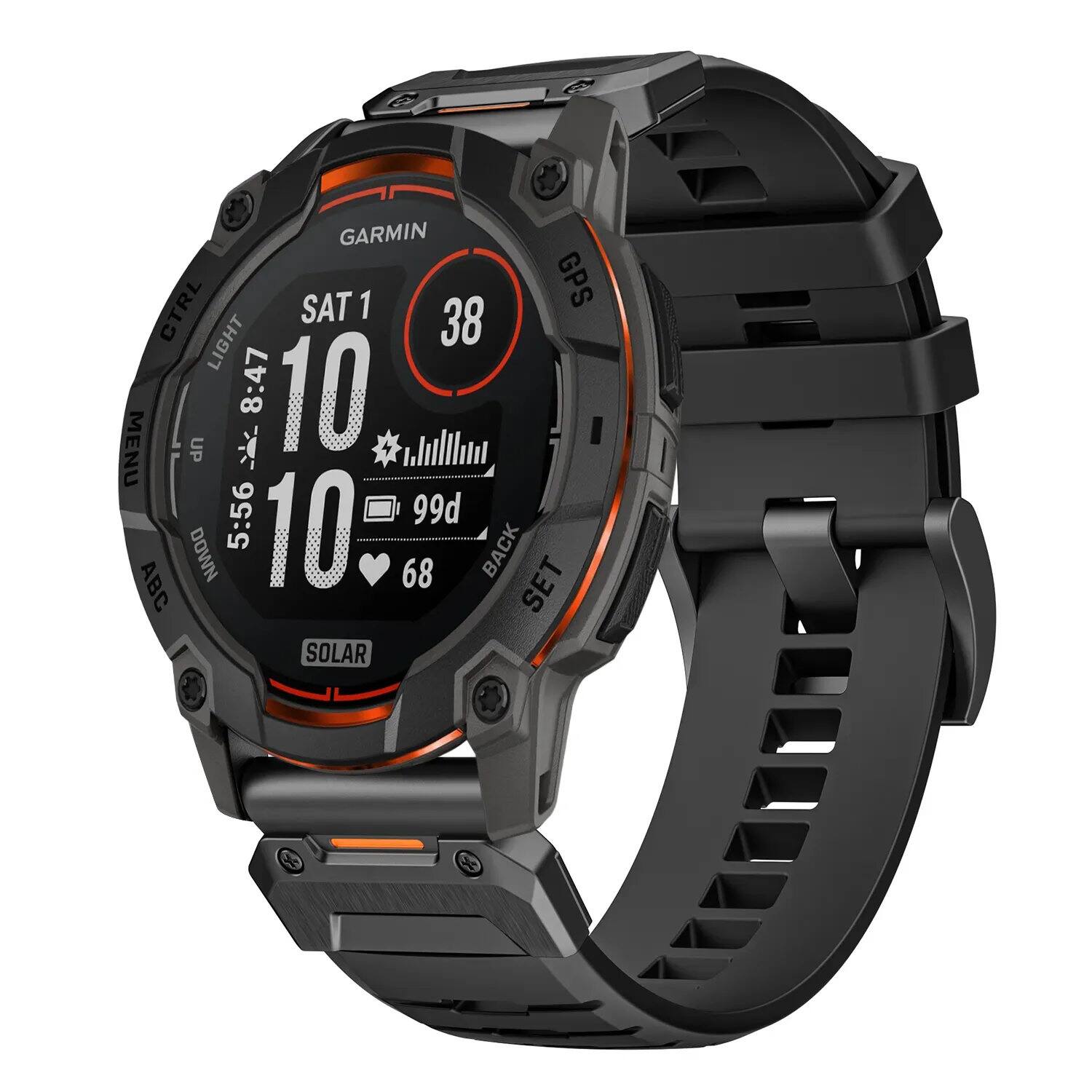 GARMIN CTRL SAT 1 GPS LIGHT 38 8:47 10 MENU UP K 5:56 99d ABC DOWN 10 68 BACK SET SOLAR