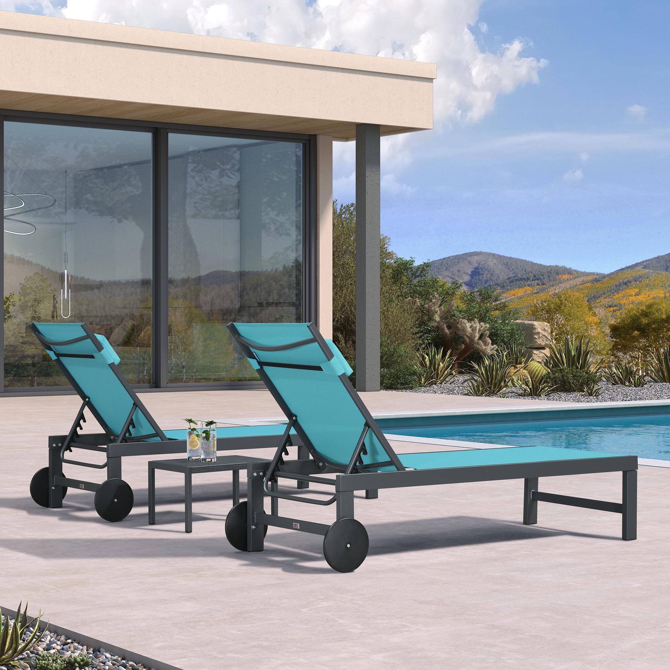 Alt View 1. PURPLE LEAF - 3-Pieces Aluminum Frame with Side Table and Wheels for Outside Sunbathing Tanning Recliner Including Pillows, Blue - Blue.