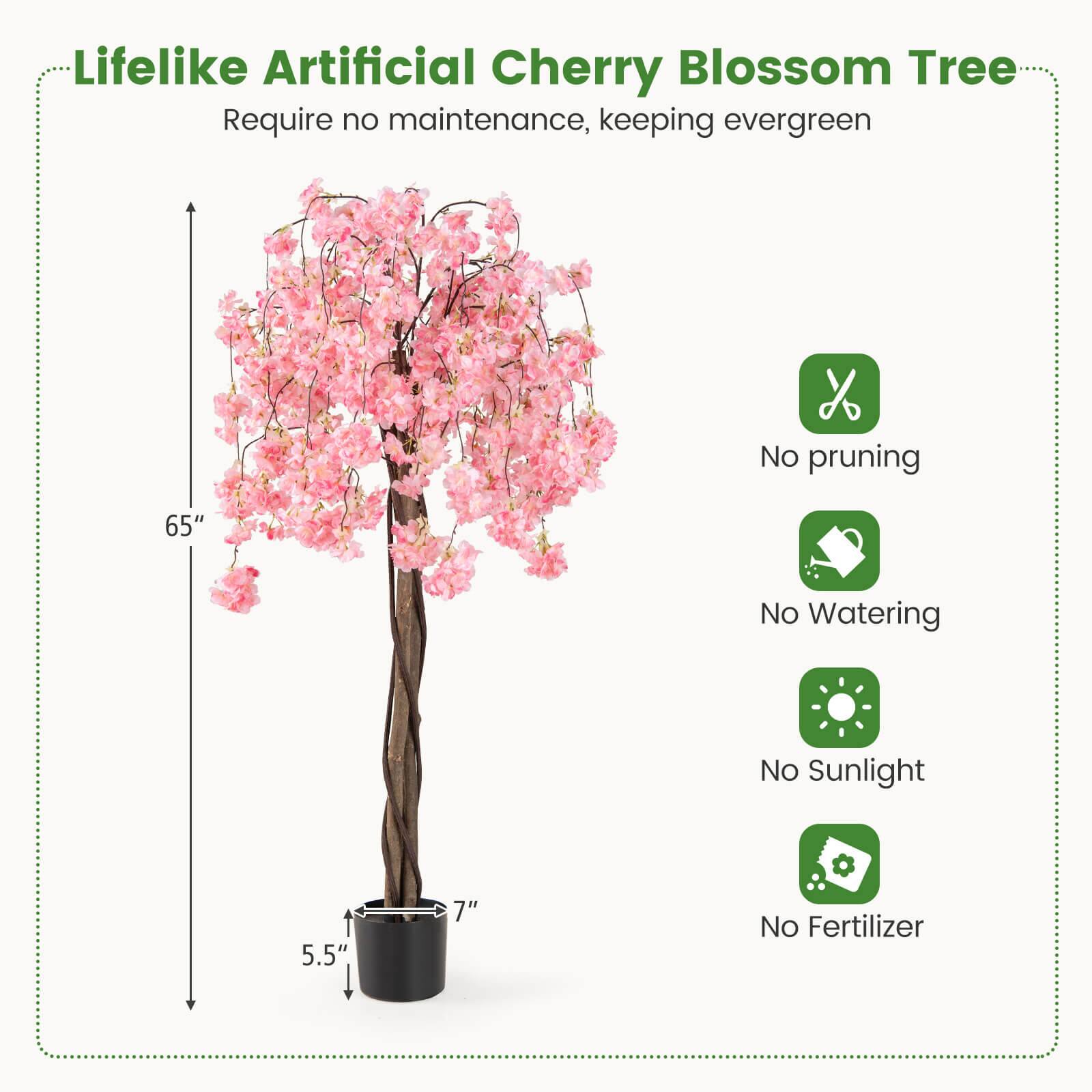Lifelike Artificial Cherry Blossom Tree  
Require no maintenance, keeping evergreen  

- No pruning  
- No Watering  
- No Sunlight  
- No Fertilizer  

65"  
5.5"  
7"