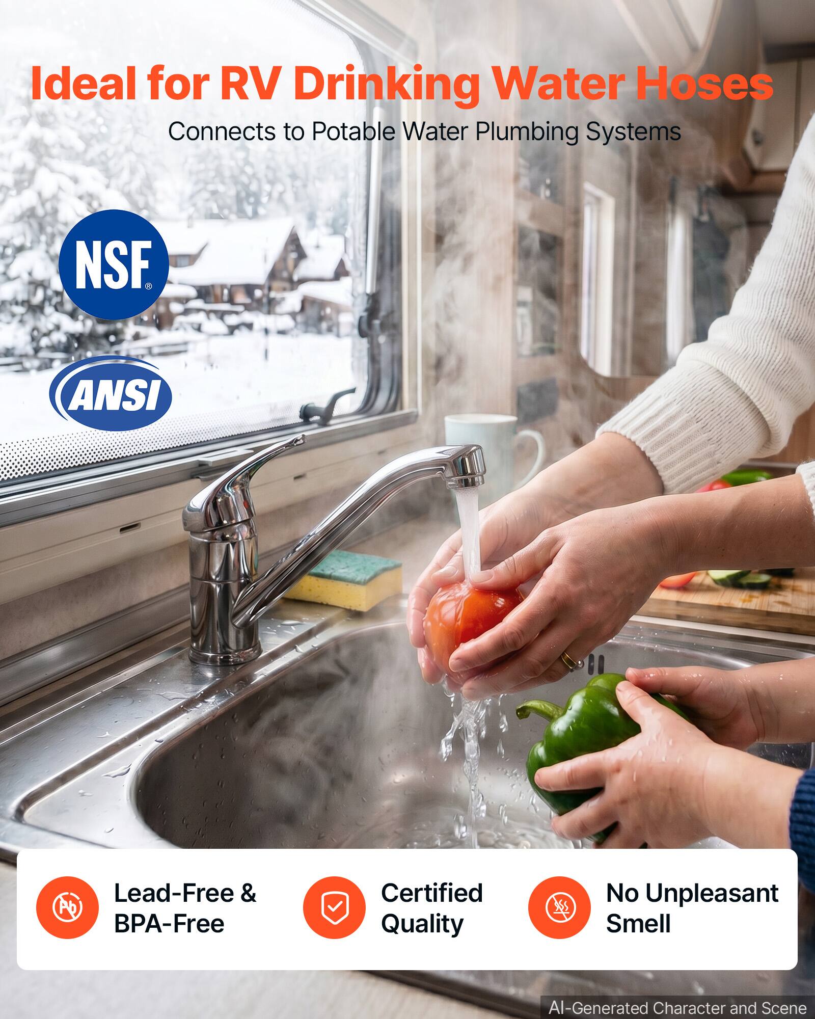 Ideal for RV Drinking Water Hoses  
Connects to Potable Water Plumbing Systems  

NSF  
ANSI  

Lead-Free & BPA-Free  
Certified Quality  
No Unpleasant Smell  

AI-Generated Character and Scene
