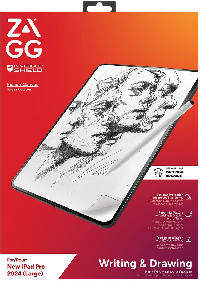 ZAGG  
INVISIBLE SHIELD  

Fusion Canvas  
Screen Protector  

For/Pour:  
New iPad Pro 2024 (Large)  

DESIGNED FOR  
WRITING & DRAWING  

Extreme Protection from Impact & Scratches  
Protection extreme contre les chocs et les rayures  

Paper-like Texture for Writing & Drawing with Stylus  
Texture semblable du papier pour écrire et dessiner avec un stylet  

Precise Installation with EZ Apply Tray  
EZ Apply Tray sans couture installation  

Writing & Drawing  
Matte Texture for Stylus Precision  
Texture mate pour la précision du stylet