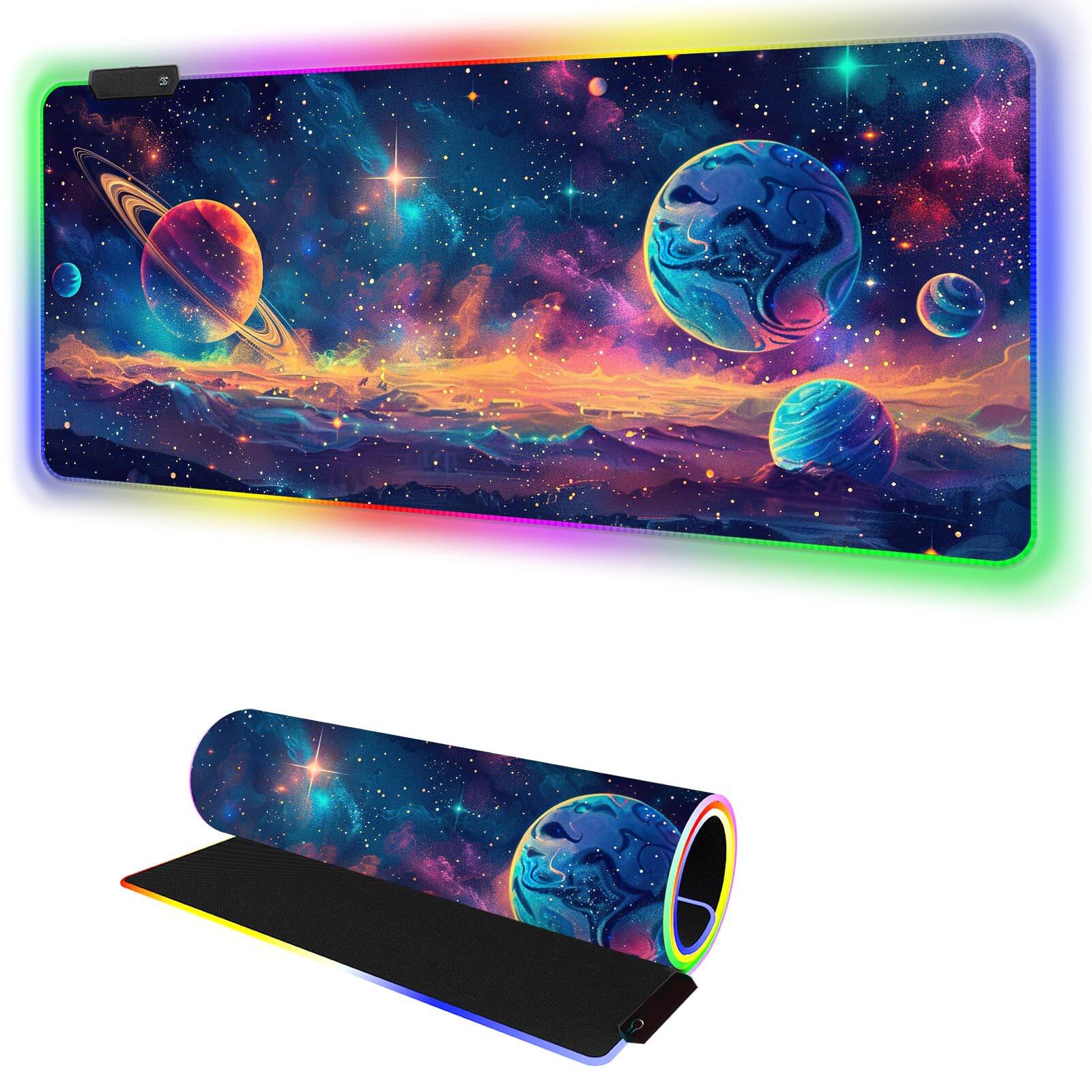 Front. Fabibe - Mouse Pad Keyboard Mouse RGB PC Mousepad Desk 31.5 11.8 Inch Large Oversized Light Modes Anti-slip Rubber Base - Colorful Planet.