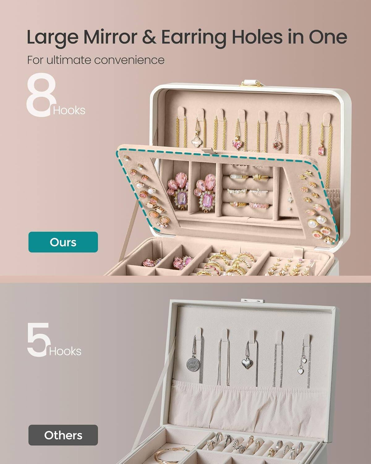 Large Mirror & Earring Holes in One  
For ultimate convenience  

8 Hooks  
Ours  

5 Hooks  
Others