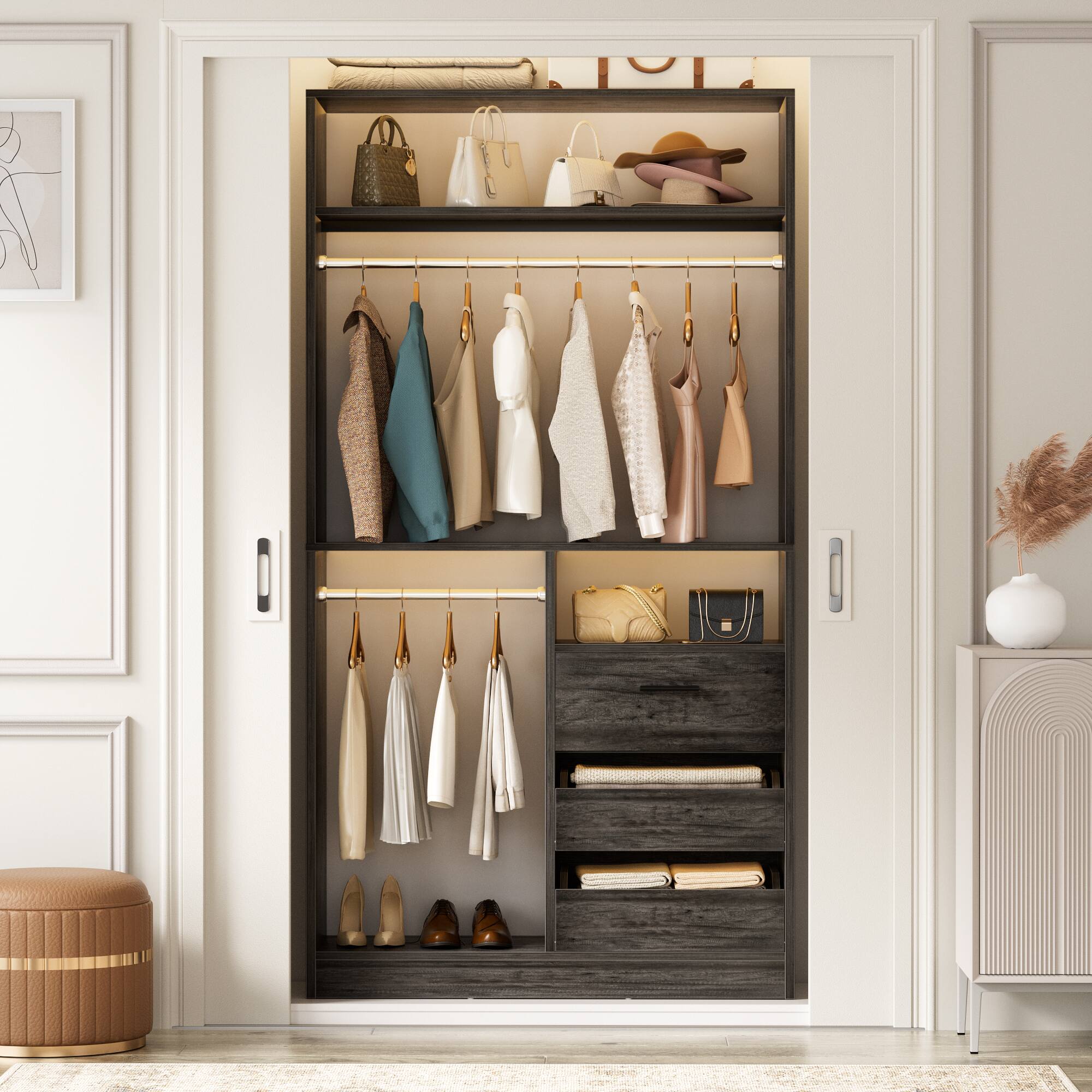 Alt View 1. Aheaplus - 2-Piece 72"Heavy Duty Closet Organizer System with 6 Drawers, 4 Hanging Rods & Adjustable Shelves - Gray Oak.