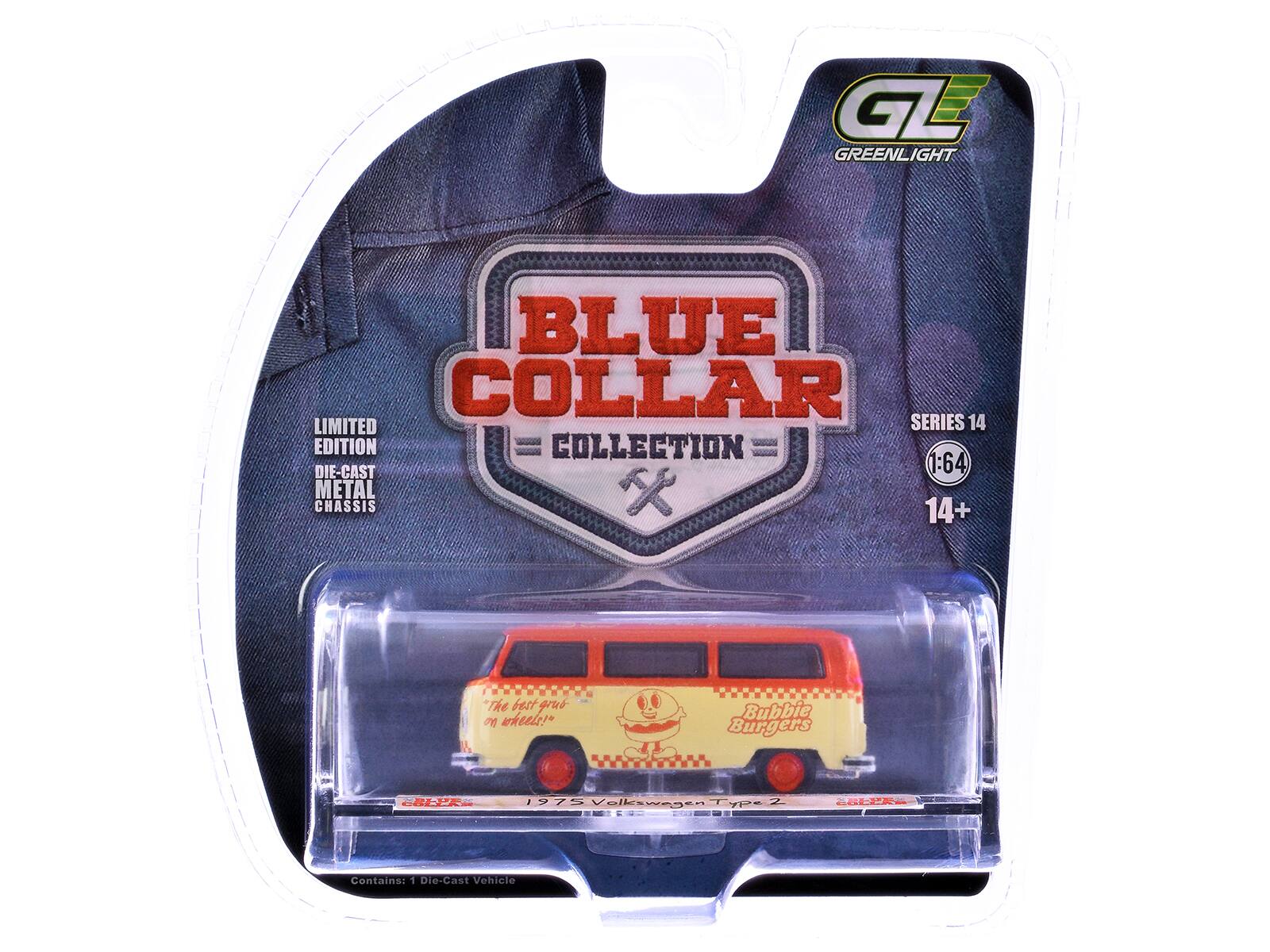 GL GREENLIGHT BLUE COLLAR LIMITED EDITION 14 COLLECTION DIE-CAST 1:64 METAL CHASSIS 14+  
"The best grub on wheels!" Bubbie Burgers RTE 1975 Volkswagen Type 2 Z 46E2R  
Contains: 1 Die-Cast Vehicle