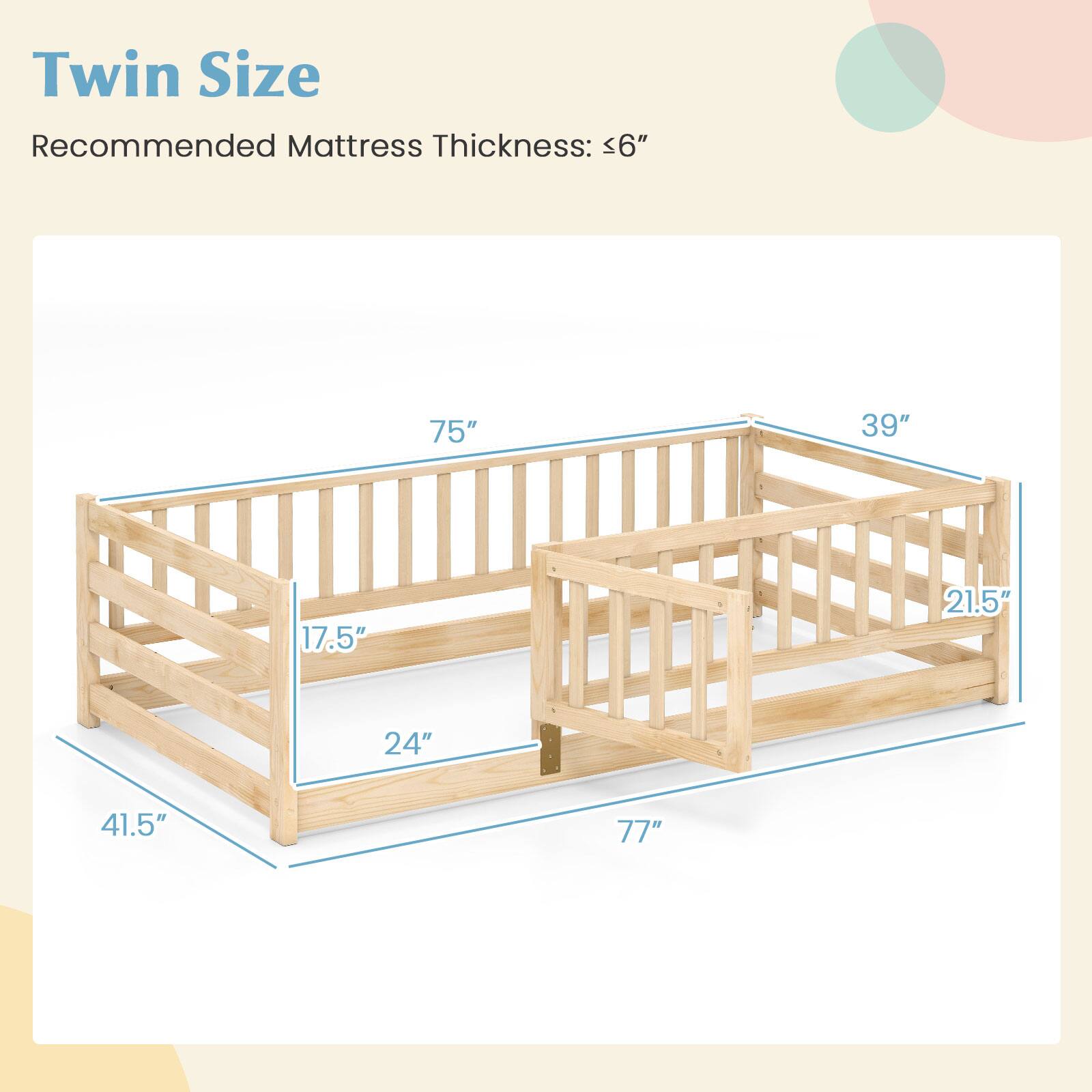 Twin Size
Recommended Mattress Thickness: <6"
75"
39"
17.5"
21.5"
24"
41.5"
77"