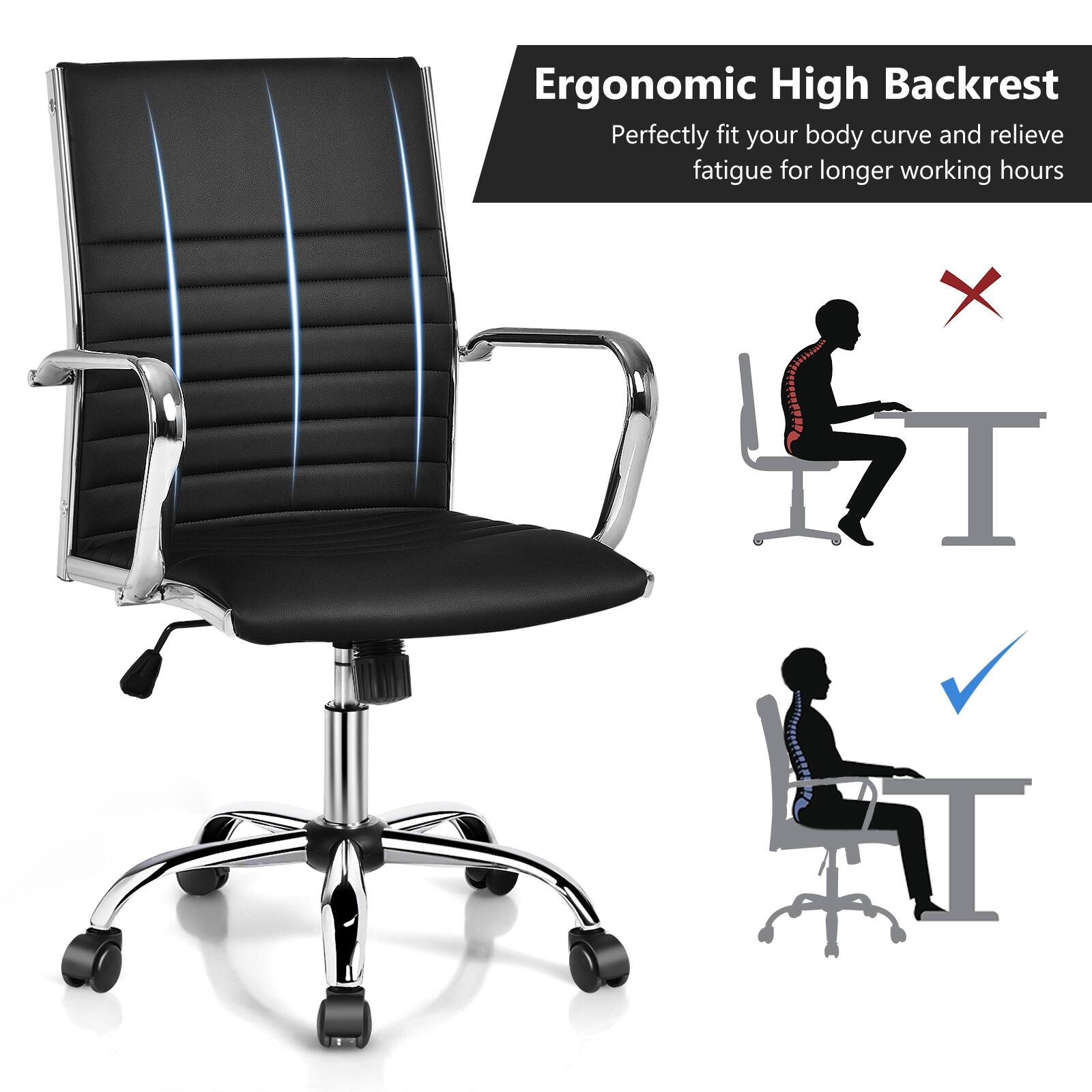 Ergonomic High Backrest  
Perfectly fit your body curve and relieve fatigue for longer working hours