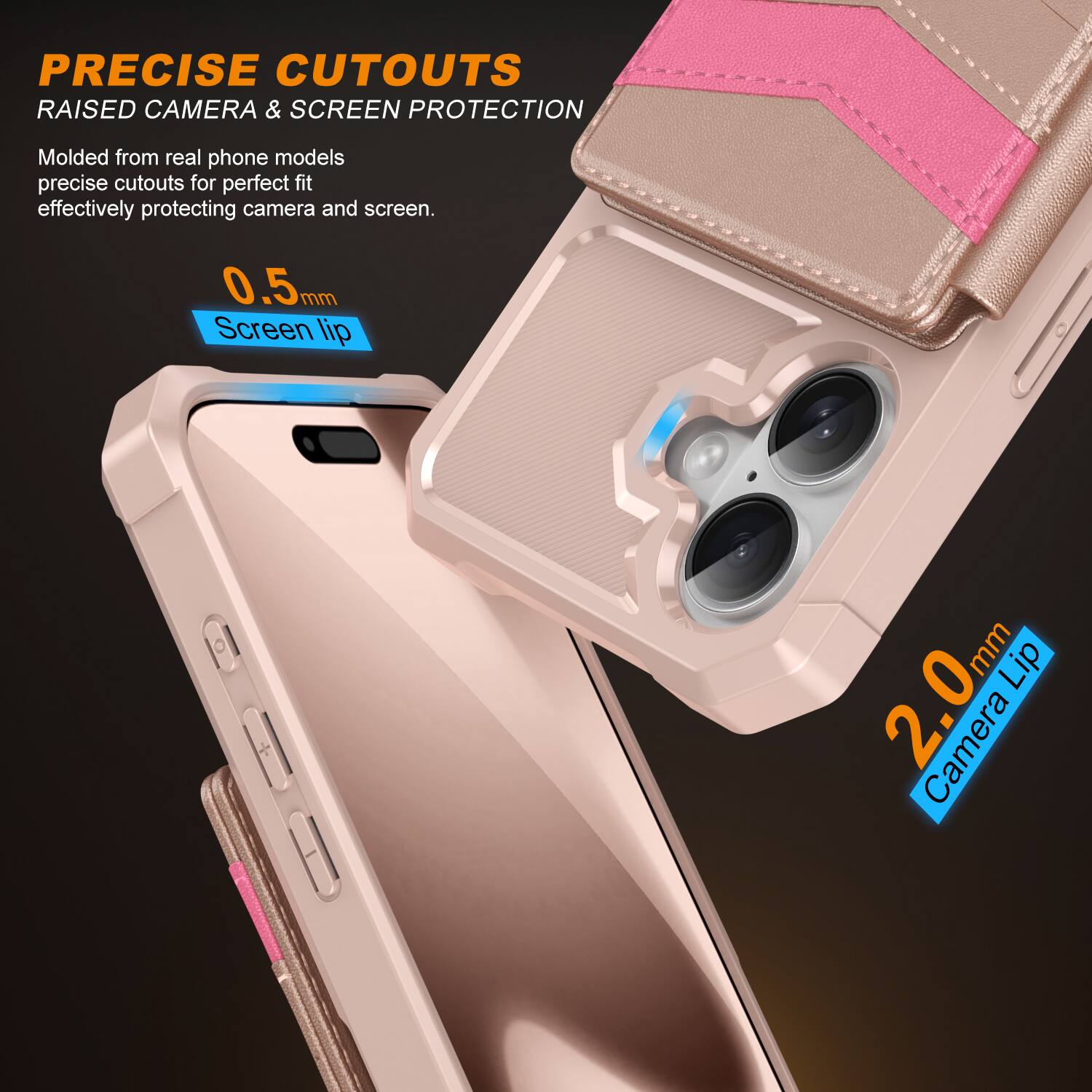 PRECISE CUTOUTS  
RAISED CAMERA & SCREEN PROTECTION  

Molded from real phone models, precise cutouts for perfect fit, effectively protecting camera and screen.  

0.5mm Screen lip  
2.0mm Camera Lip