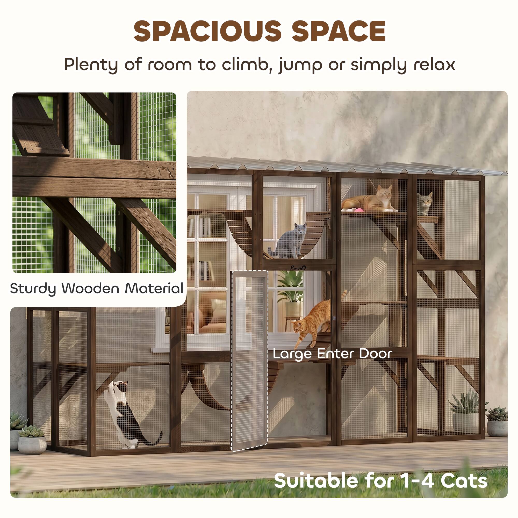 SPACIOUS SPACE  
Plenty of room to climb, jump or simply relax  
Sturdy Wooden Material  
Large Enter Door  
Suitable for 1-4 Cats