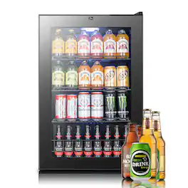 Yeego - Freestanding Mini Beverage Fridge, 155 Cans, Glass Door, Beverage Refrigerator Cooler for Home Office - Black