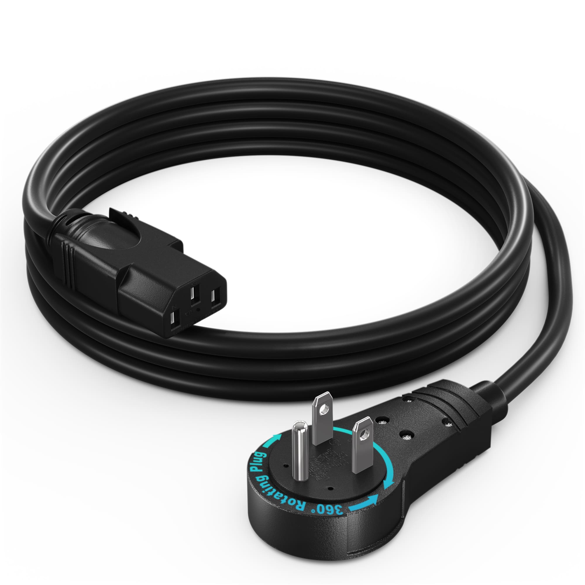 Maximm - Monitor Computer Power Cord 4 Ft Flat Plug 360° Rotating PC Cable 3 Prong, 16 AWG NEMA 5-15P to IEC13 - UL Certified - Black
