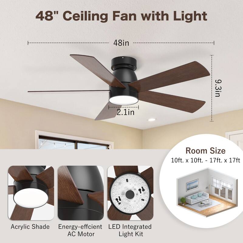 48" Ceiling Fan with Light  
48in  
9.3in  
2.1in  
Room Size: 10ft. x 10ft. - 17ft. x 17ft.  
Acrylic Shade  
Energy-efficient LED  
Integrated AC Motor Light Kit