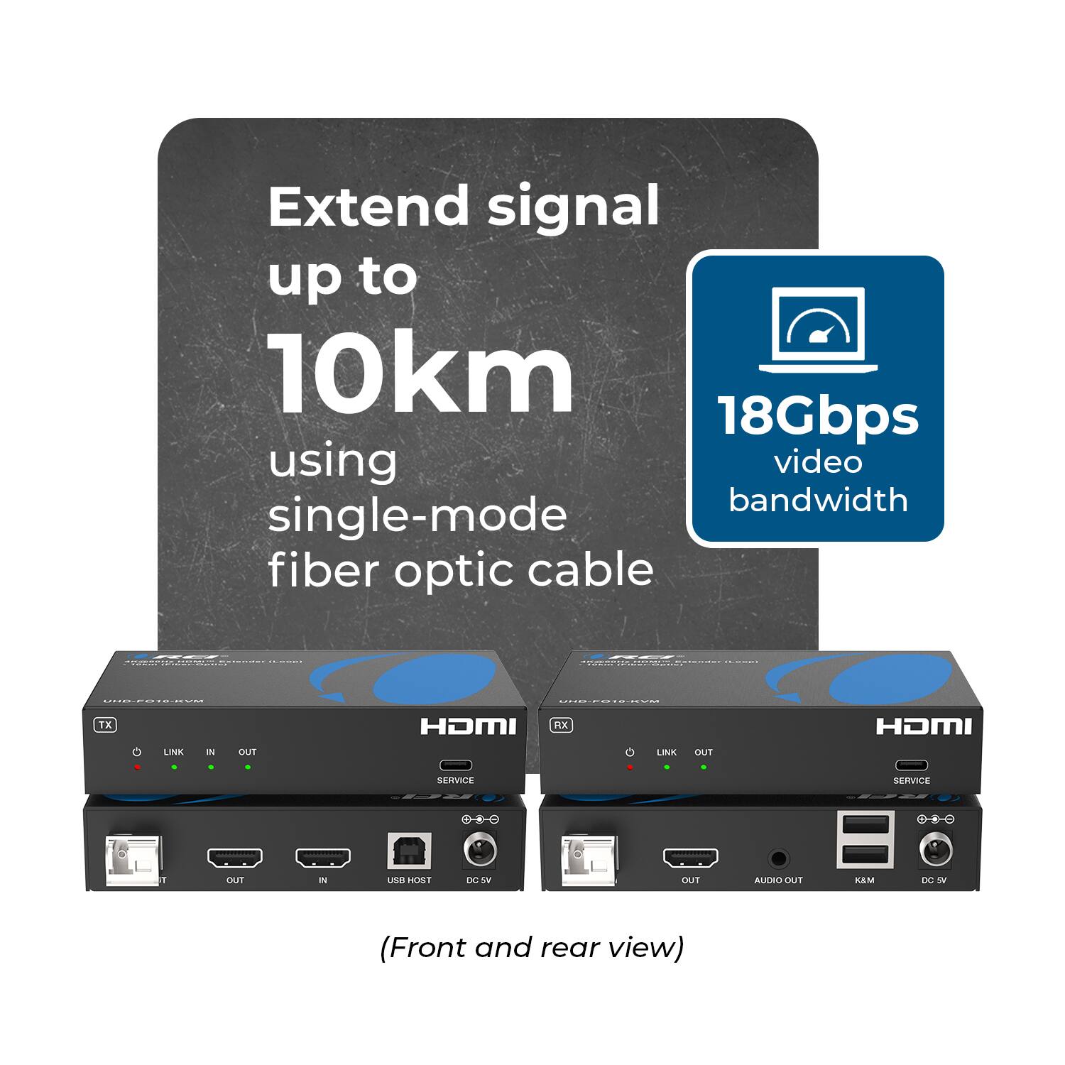 Extend signal up to 10km using single-mode fiber optic cable  
18Gbps video bandwidth  

1X HDMI TX  
LINK IN  
SERVICE  

1X HDMI RX  
LINK OUT  
SERVICE  

(Front and rear view)