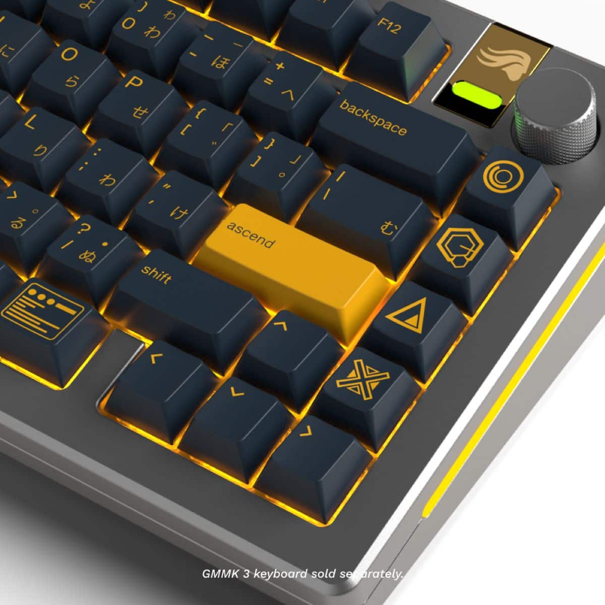 The text on the image reads:
"ascend / shift - . F12 backspace I I L L 7 GMMK 3 keyboard sold separately."
