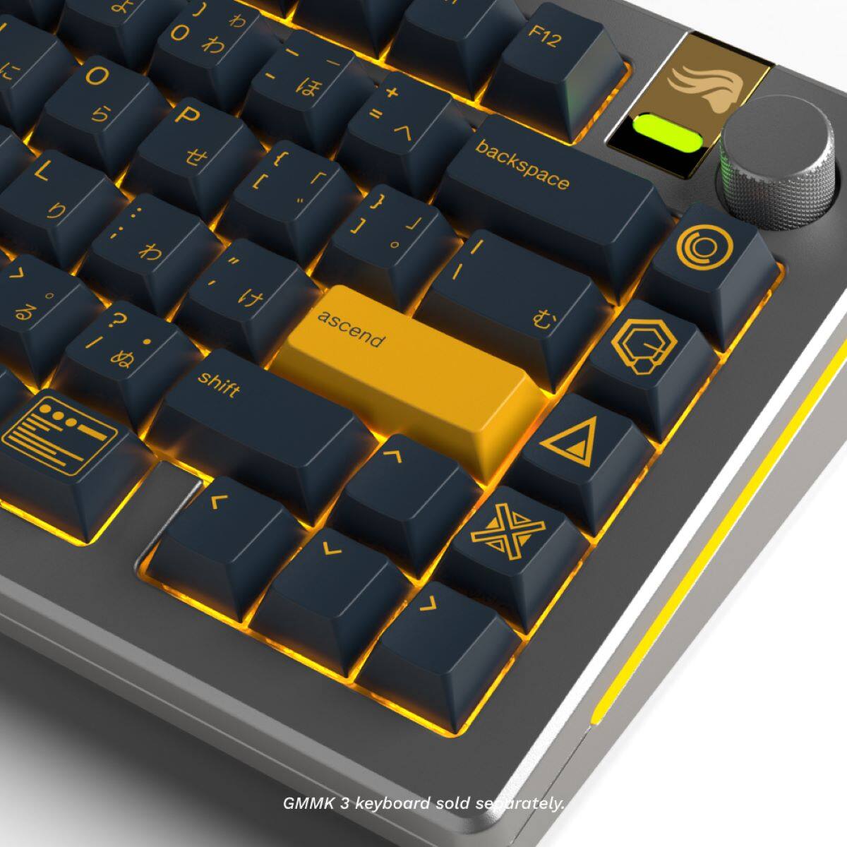 The text on the image reads:

"ascend / shift - . F12 backspace I I L L 7 GMMK 3 keyboard sold separately."