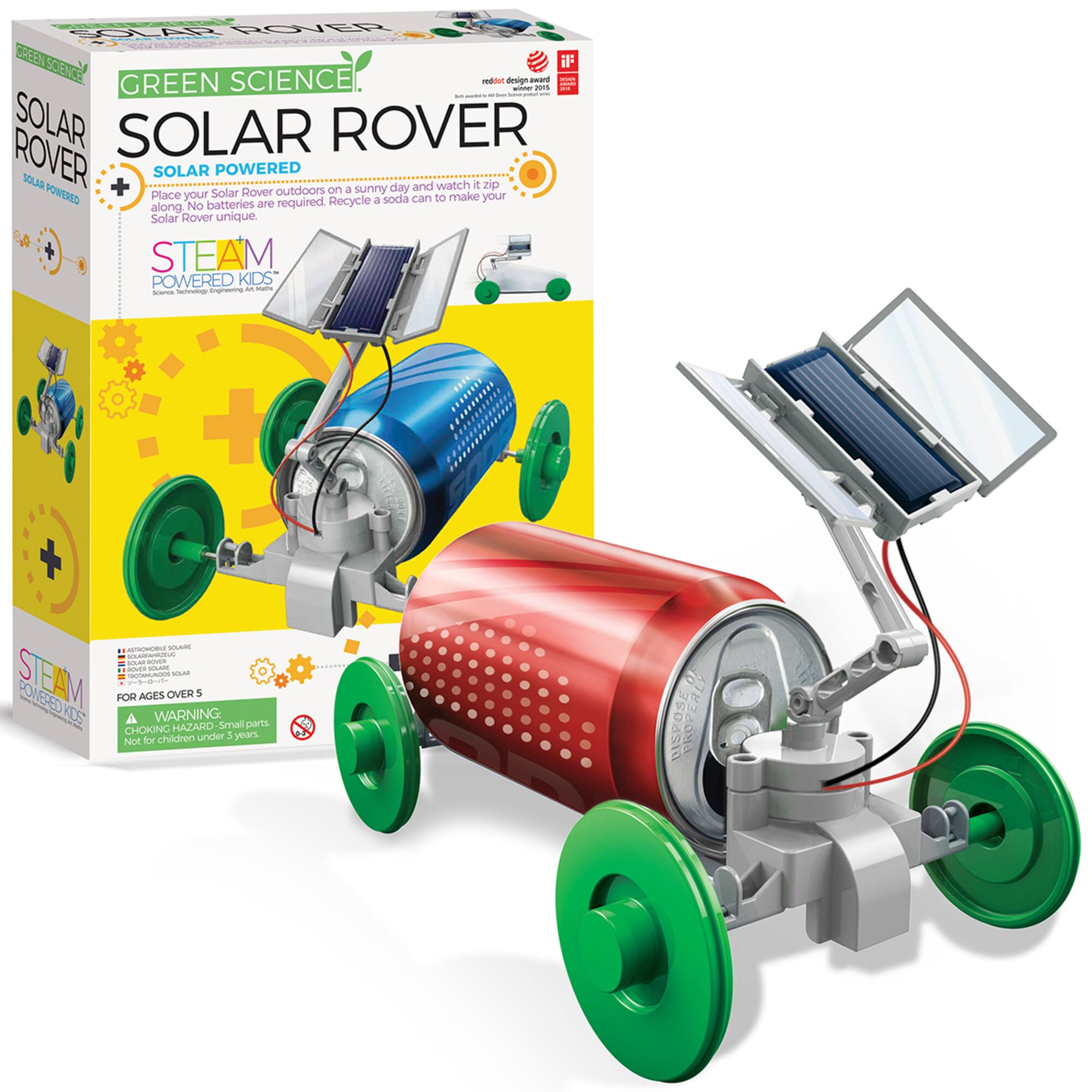 GREEN SCIENCE  
SOLAR ROVER  
SOLAR POWERED  

Place your Solar Rover outdoors on a sunny day and watch it zip!  
No batteries are required.  
Solar Rover unique  

STEAM POWERED KIDS  

FOR AGES OVER 5  
WARNING: Small parts CHOKING HAZARD - Not for children under 3 years