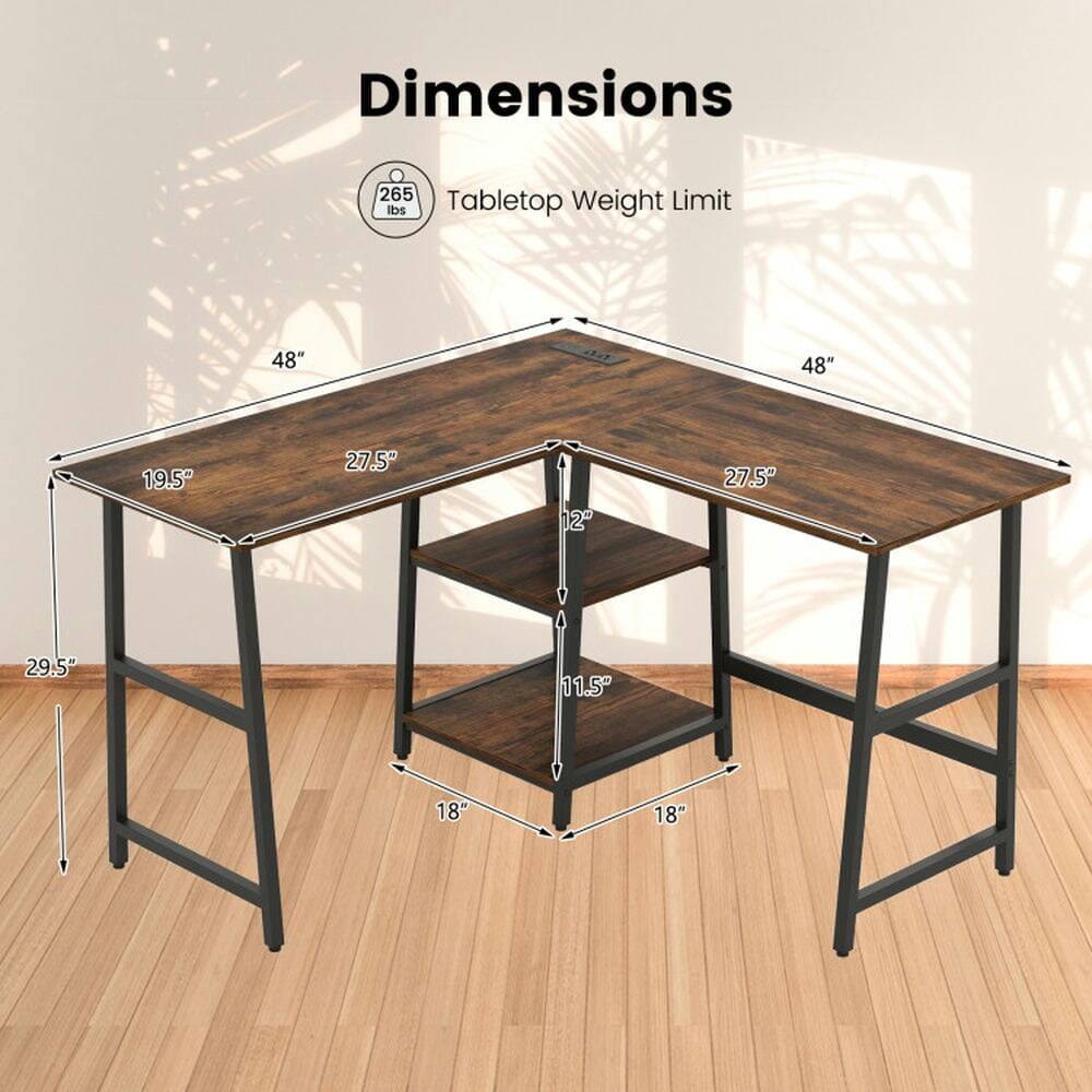Dimensions  
Tabletop Weight Limit: 265 lbs  
48" x 48"  
19.5" (depth)  
27.5" (height from floor to tabletop)  
12" (height from tabletop to shelf)  
29.5" (overall height)  
11.5" (shelf height)  
18" (shelf depth)