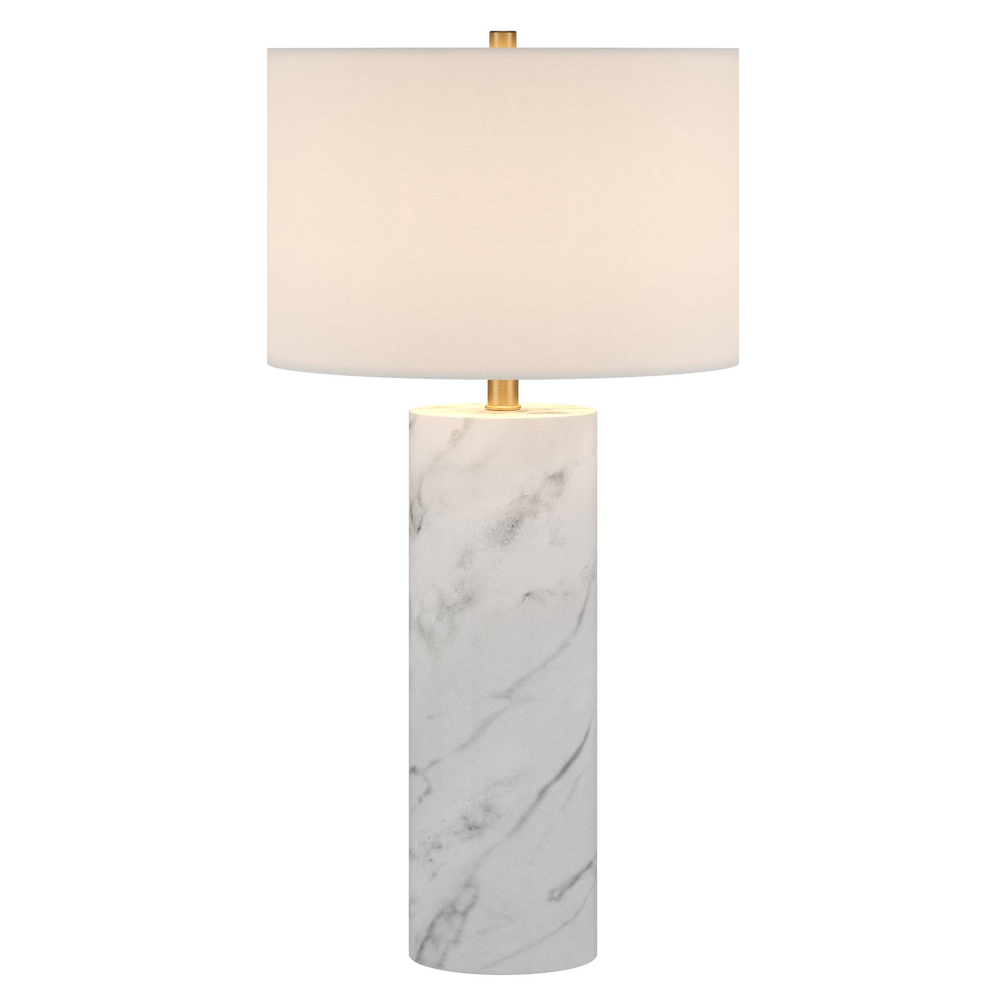 Angle. Hudson&Canal - Elise 30" Tall Table Lamp with Fabric Shade in Marble/Brass/White.