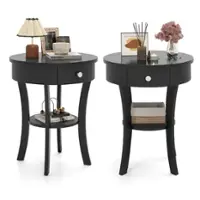 Costway 2 PCS 2-tier Side End Sofa Table Round Nightstand Bedroom Living Room - Black - Front_Zoom
