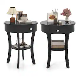 Costway - 2 PCS 2-tier Side End Sofa Table Round Nightstand Bedroom Living Room - Black