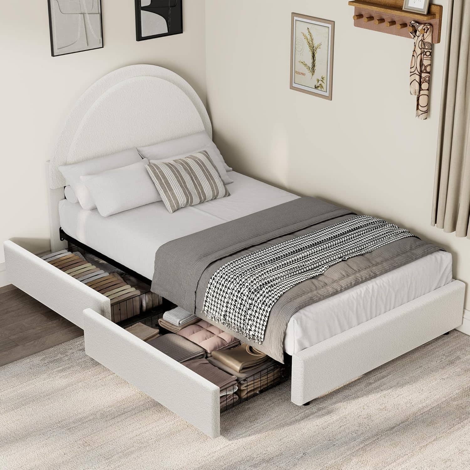 Homhougo - Twin Boucle Bed Frame with Storage Drawers, Upholstered Platform Bed with Round Headboard, Noise-Free - White