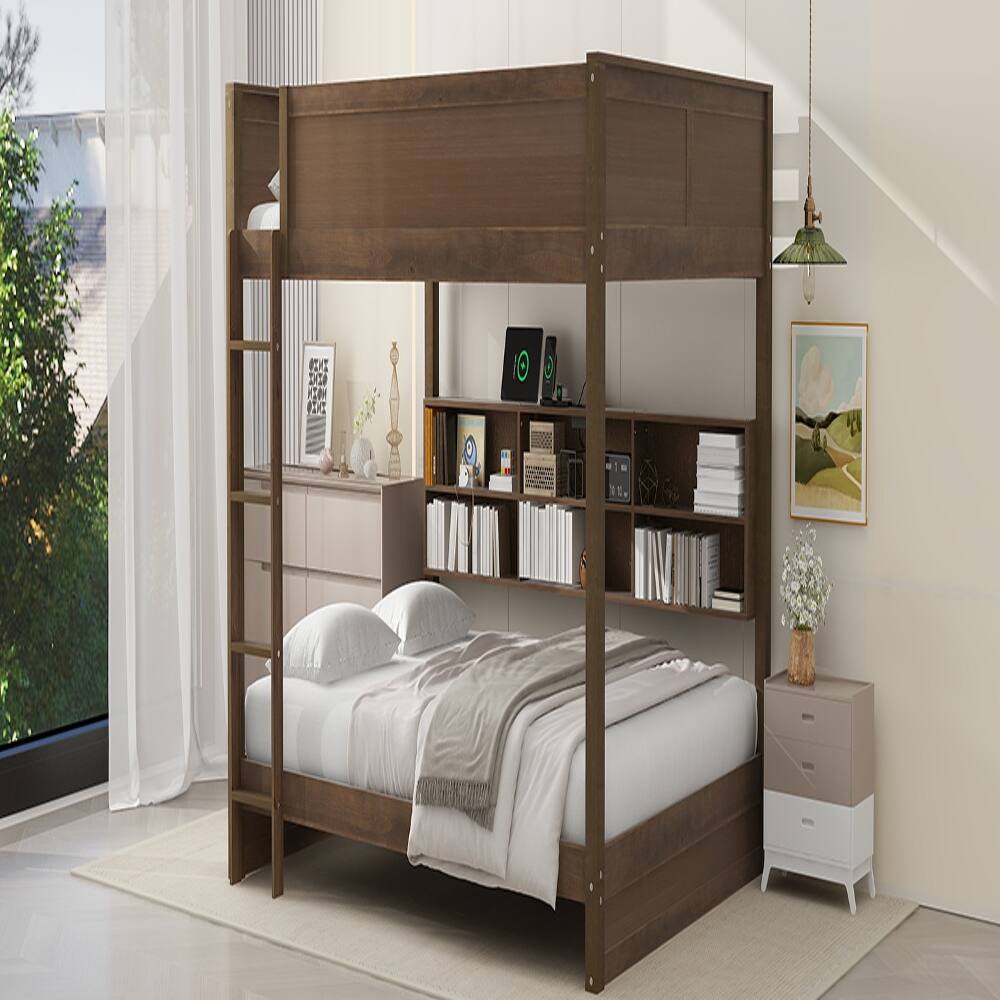 Alt View 4. Loheer - Loheer Queen Over Queen Bunk Bed with Storage Cabinets and USB Ports Antique Wood - Antique Wood.