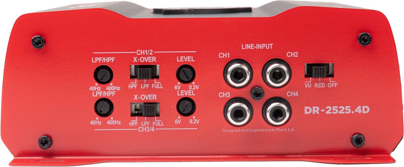 LPF/HPF CH1/2 X-OVER LEVEL LINE-INPUT CH1 CH2 40Hz 400Hz LPF/HPF 40Hz 400Hz HPF LPF FULL X-OVER HPF LPF FULL CH3/4 6V 0.2V LEVEL 6V 0.2V VU RED OFF CH3 CH4 DR-2525.4D Designed and Engineered In The U.S.A.
