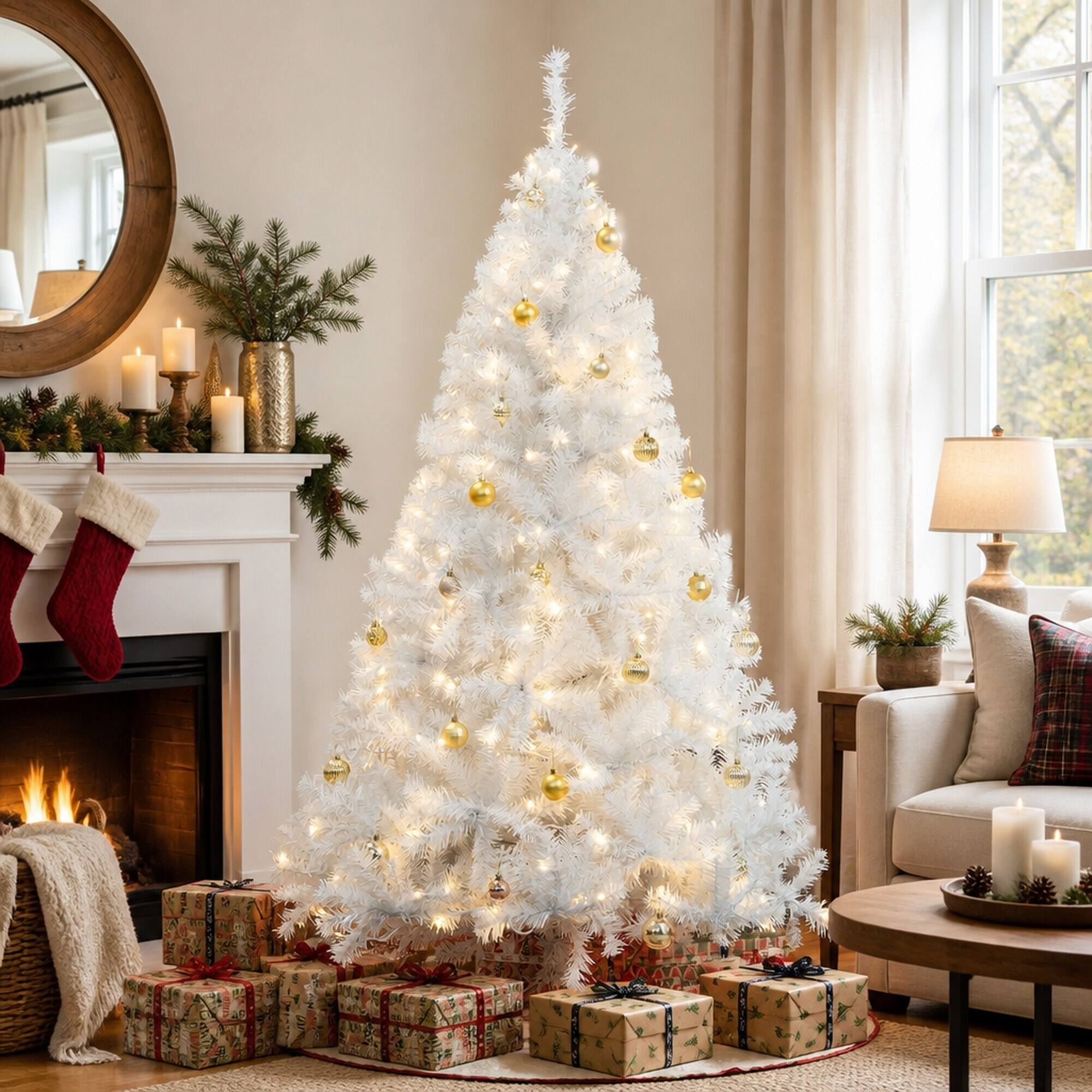Angle. RYHNUYNE - 6FT Pre-Lit Douglas Fir Christmas Tree With 250 Warm White LED Lights and 1000 Tips, White - White.