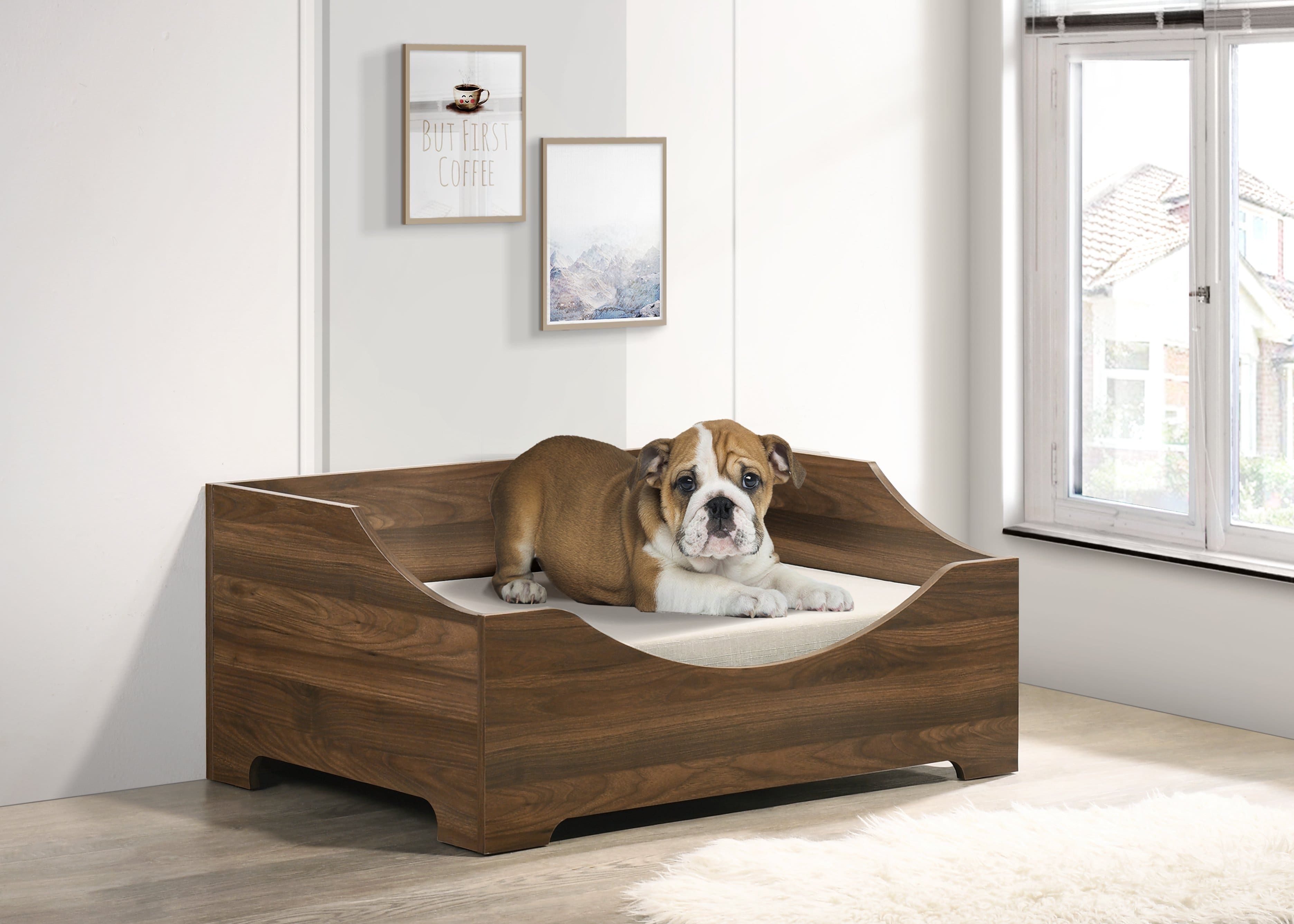 Siljoy - 36" Modern Alder Wood Finish Pet Bed with Removable Cushion, Color, 22 lb Capacity - Brown