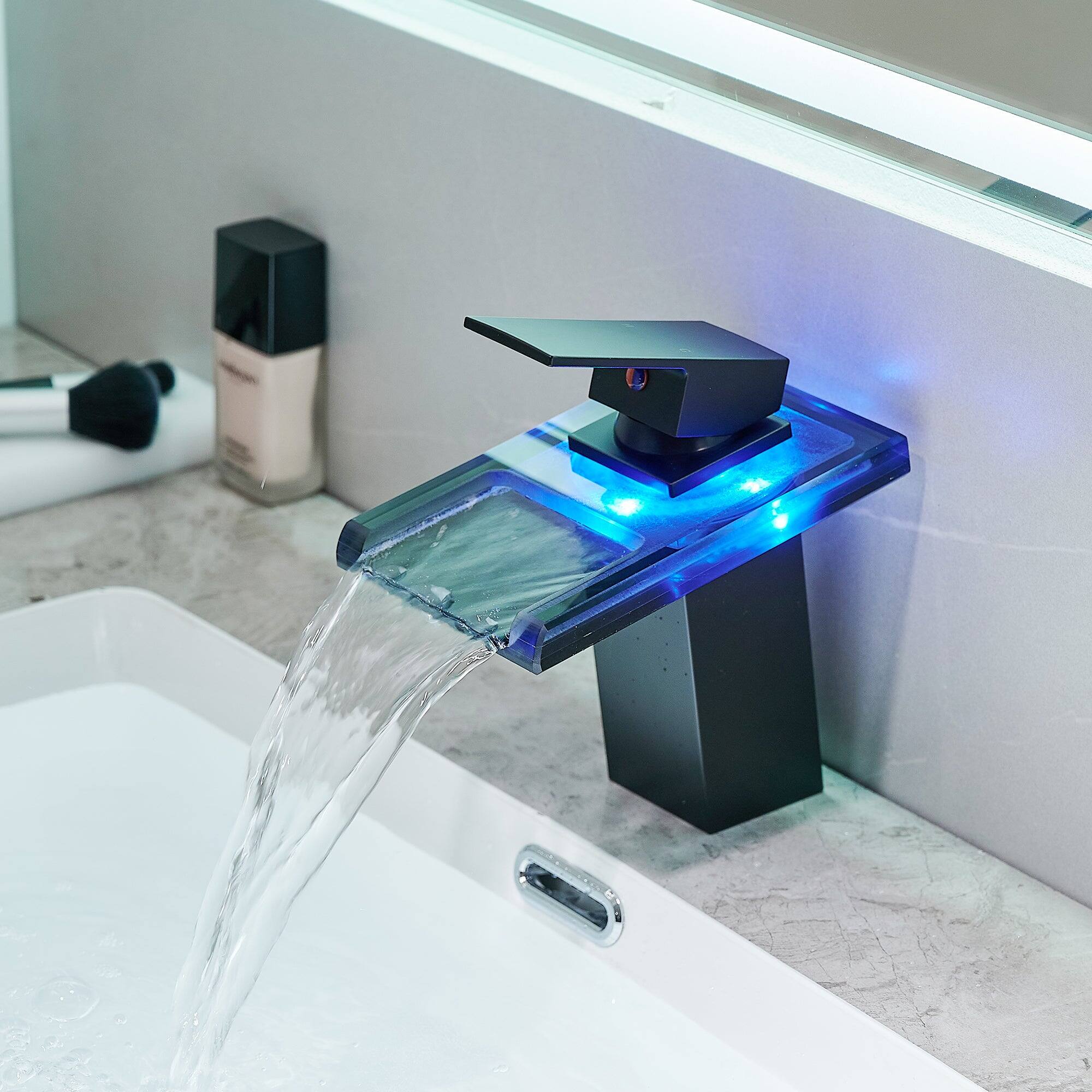 Angle. Boyel Living - Brass Single Handle Single Hole Bathroom Faucet Matte Black with LED Temperature Sensor and Supply Hoses Easy Install - Matte Black.