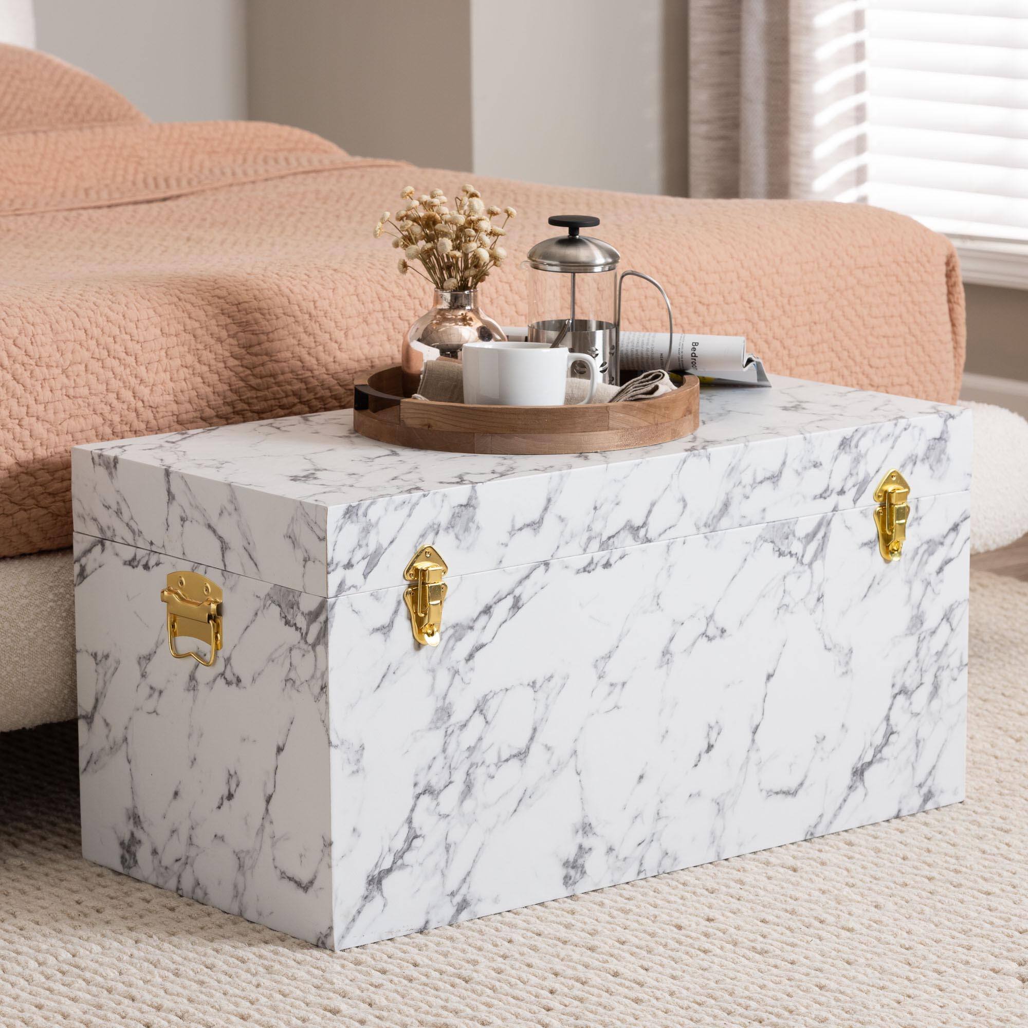 Alt View 4. Baxton Studio - Brenta Storage Trunk with Lift-Top Lid - Decorative Organizer Chest with Faux Marble Effect, Storage Solution - Marble White.