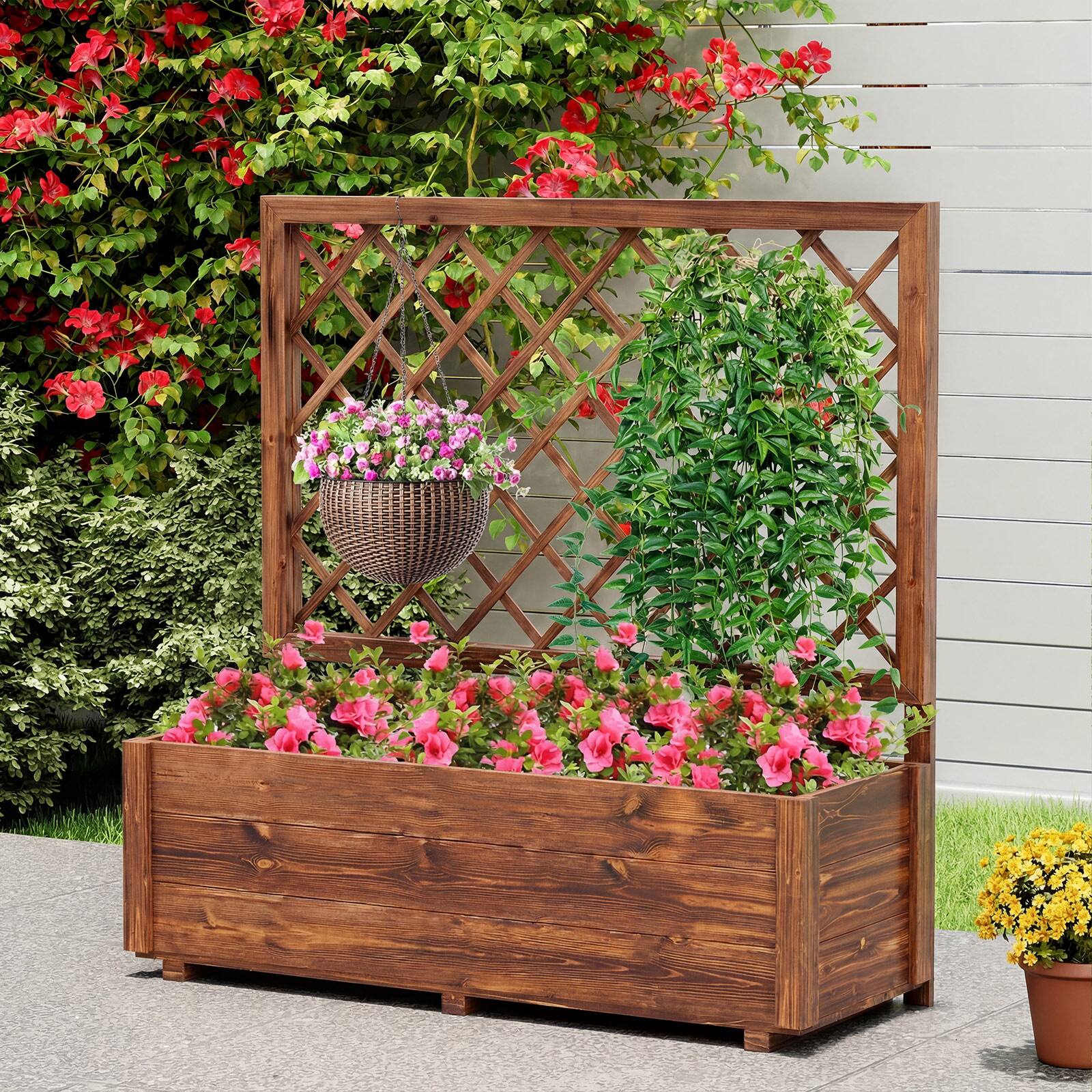 Alt View 1. Costway - Costway 1 PCS 40" Tall Wooden Raised Garden Bed with Lattice Trellis for Climbing Vine Flower - Orange.