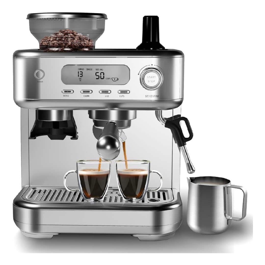 GARVEE - Espresso Machine with Grinder - Professional Cappuccino and Latte Maker, Single & Double Cup Stainless Steel CoffeeMaker - Black