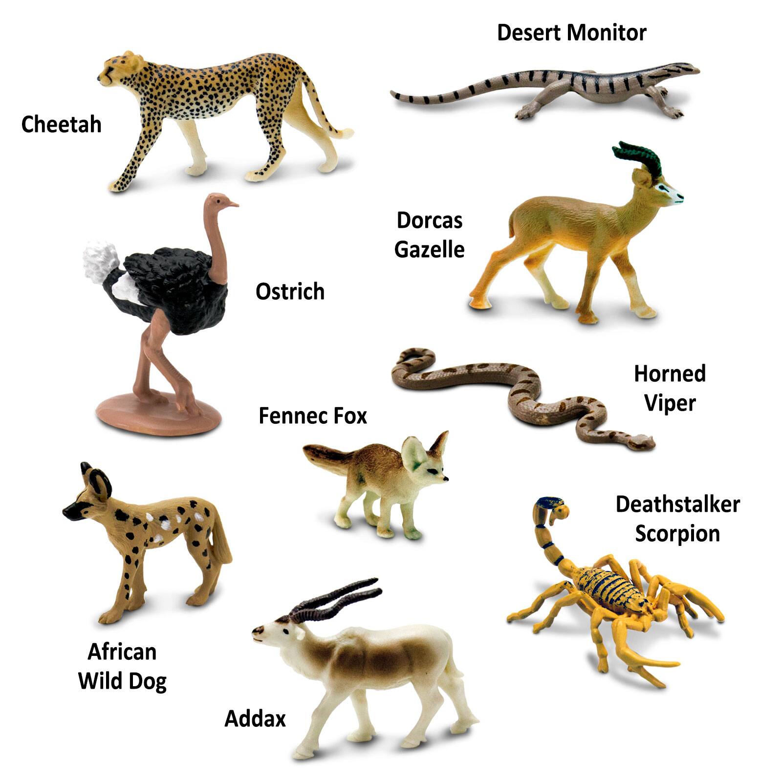 Desert Monitor  
Cheetah  
Dorcas Gazelle  
Ostrich  
Fennec Fox  
Horned Viper  
Deathstalker Scorpion  
African Wild Dog  
Addax