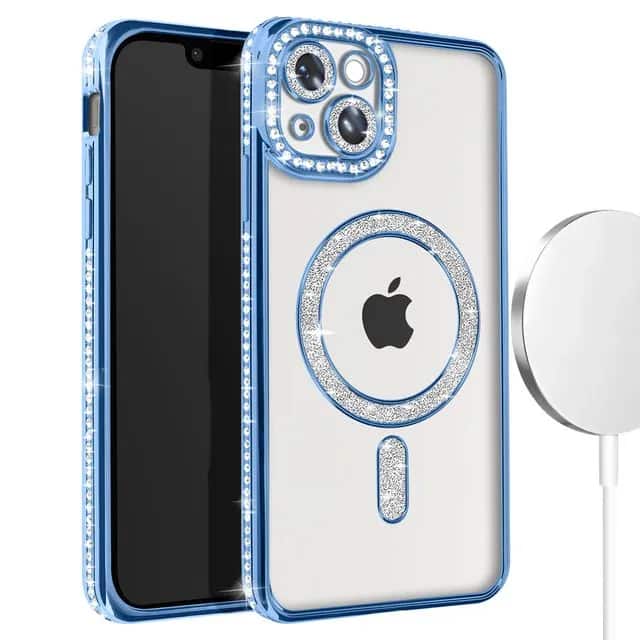Front. Entronix - Entronix Magnetic iPhone 15 Case with Clear Back and Luxury Rhinestones - Blue.