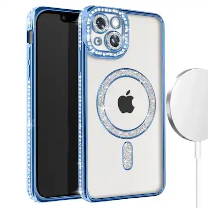 Front. Entronix - Entronix Magnetic iPhone 15 Case with Clear Back and Luxury Rhinestones - Blue.