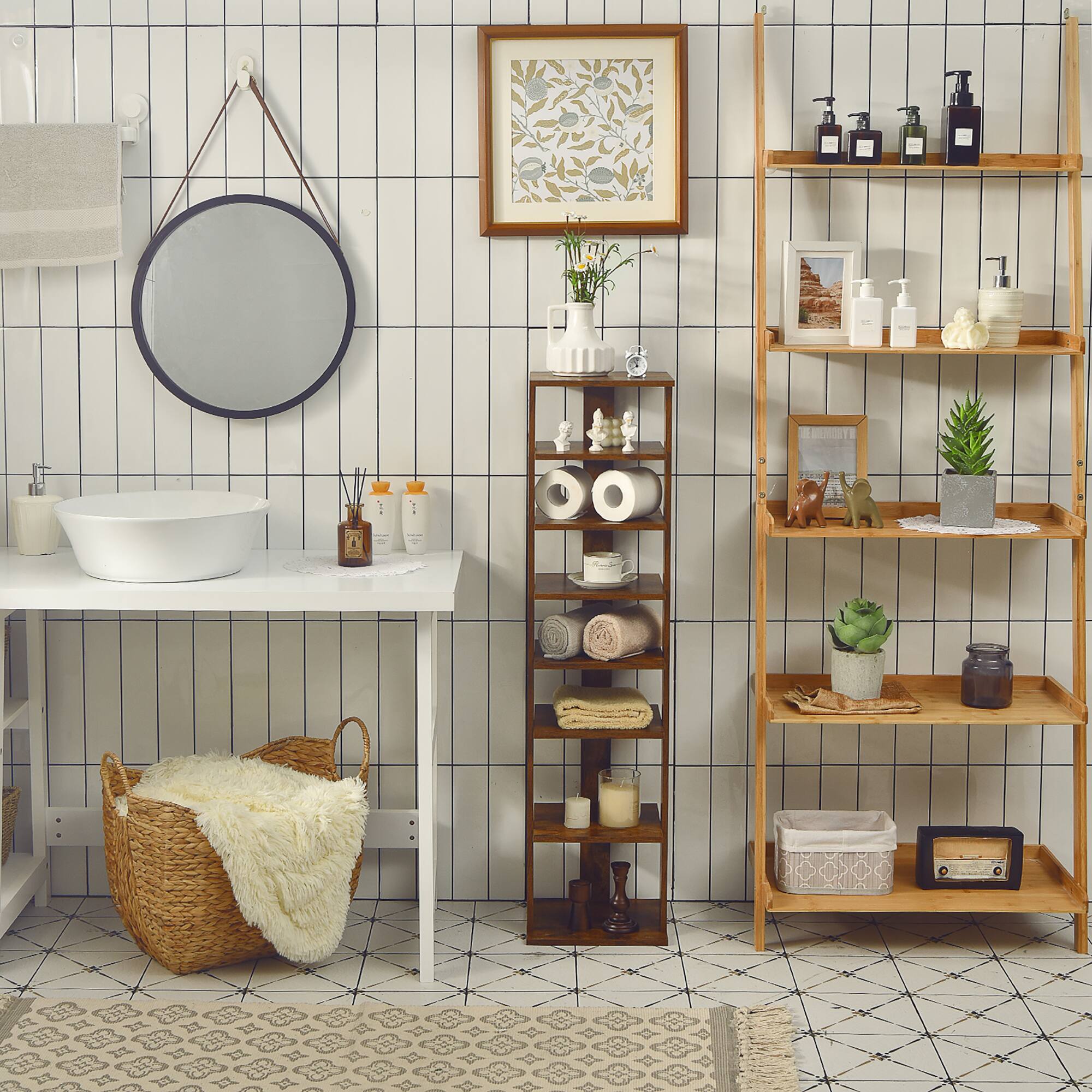 Alt View 13. Costway - 7-Tier Shoe Rack Free Standing Shelf Storage Tower Rustic Brown - Rustic Brown.